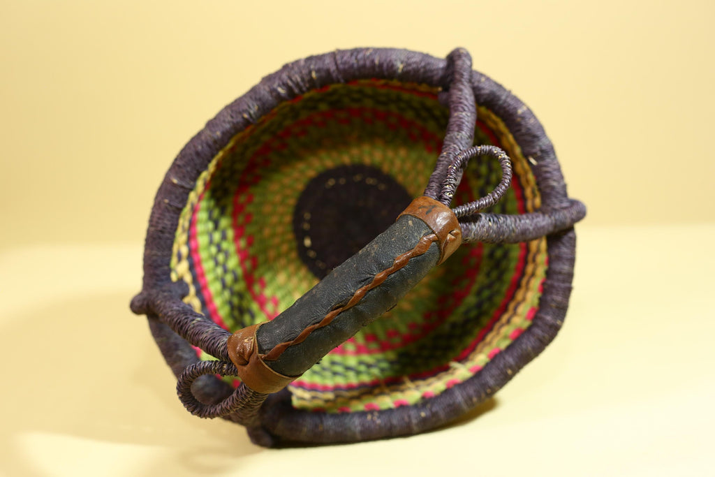 African Handwoven Market Basket Natural Fiber Straw Tote With Leather Handle-G6288