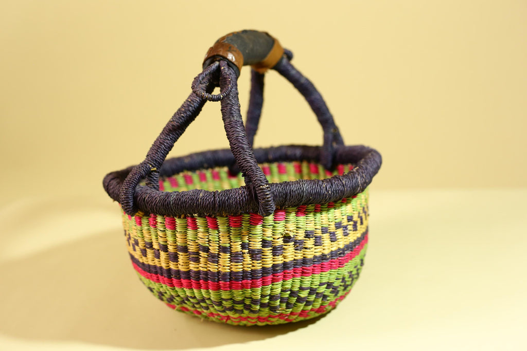 African Handwoven Market Basket Natural Fiber Straw Tote With Leather Handle-G6288