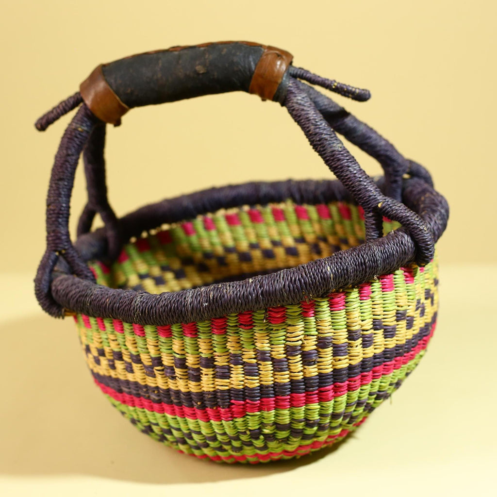 African Handwoven Market Basket Natural Fiber Straw Tote With Leather Handle-G6288