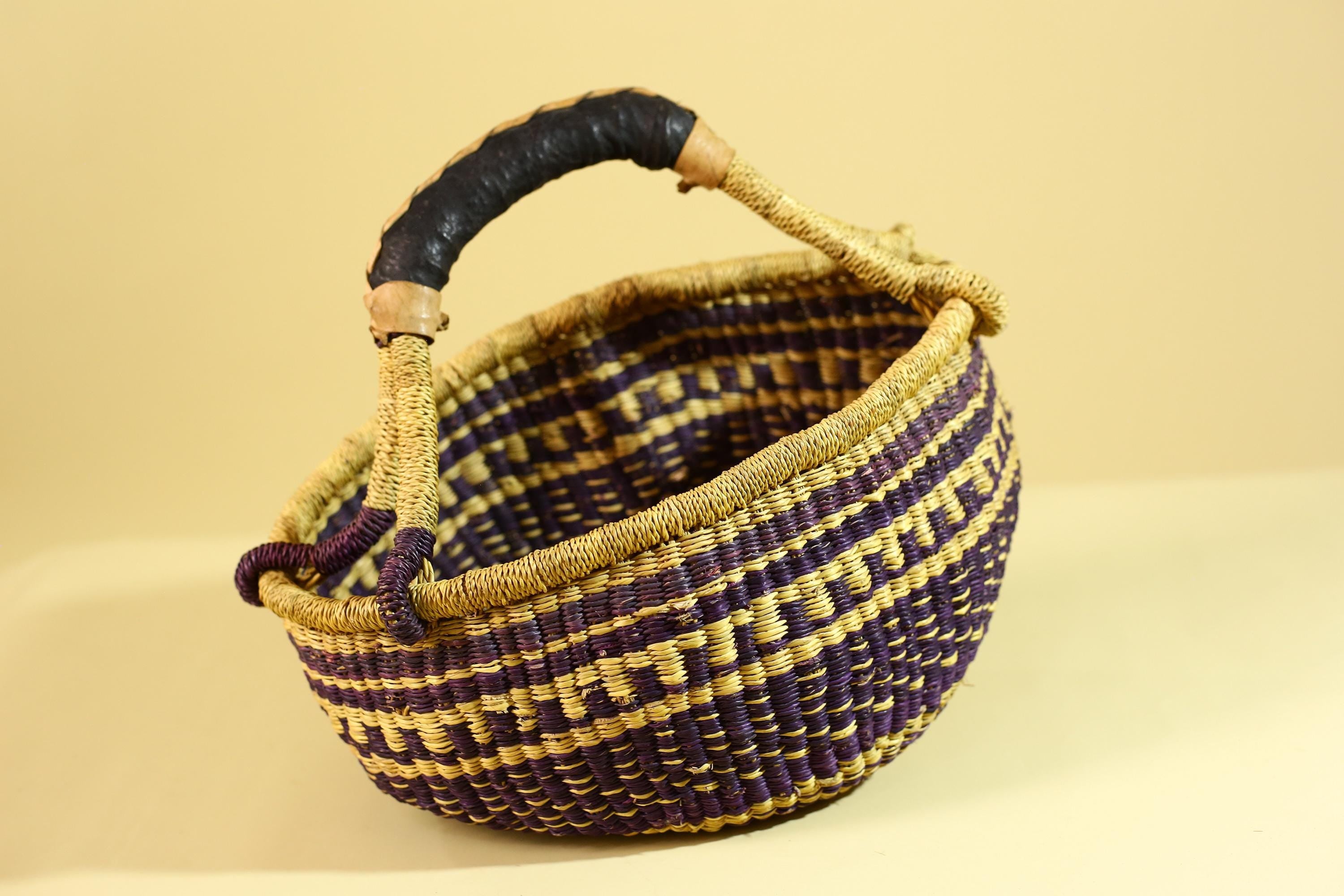 African Handwoven Market Basket Natural Fiber Artisan Woven Tote with Leather Handle-G6289