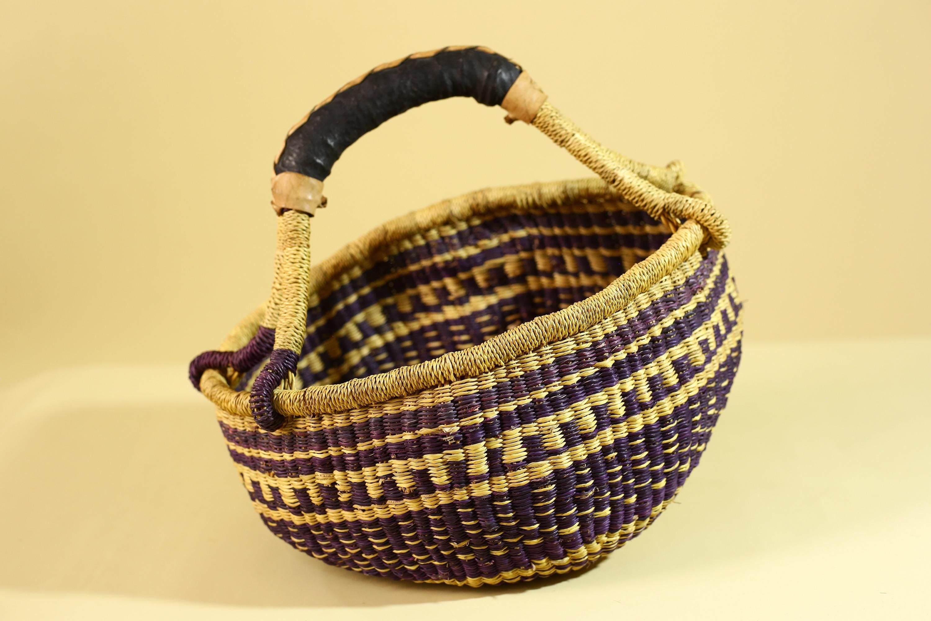 African Handwoven Market Basket Natural Fiber Artisan Woven Tote with Leather Handle-G6289