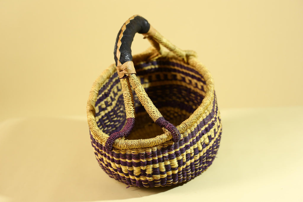 African Handwoven Market Basket Natural Fiber Artisan Woven Tote with Leather Handle-G6289