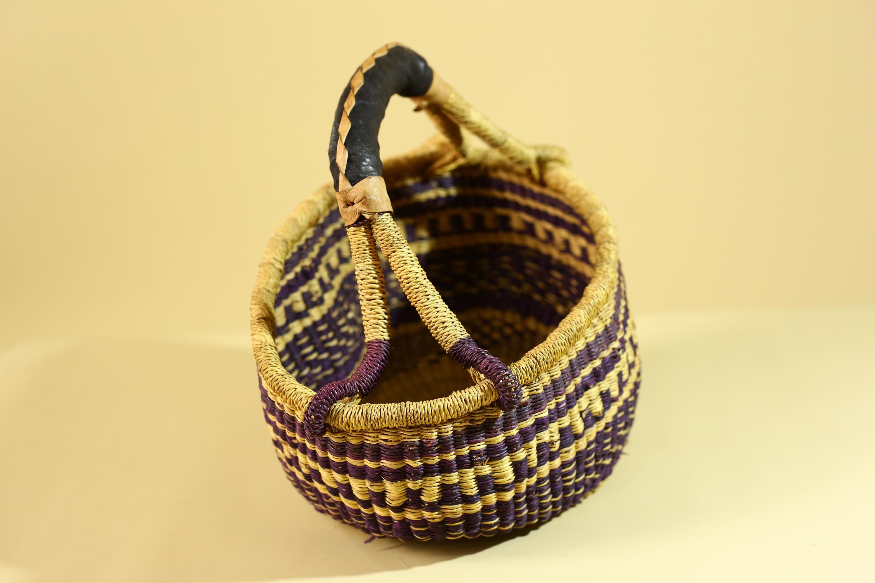 African Handwoven Market Basket Natural Fiber Artisan Woven Tote with Leather Handle-G6289