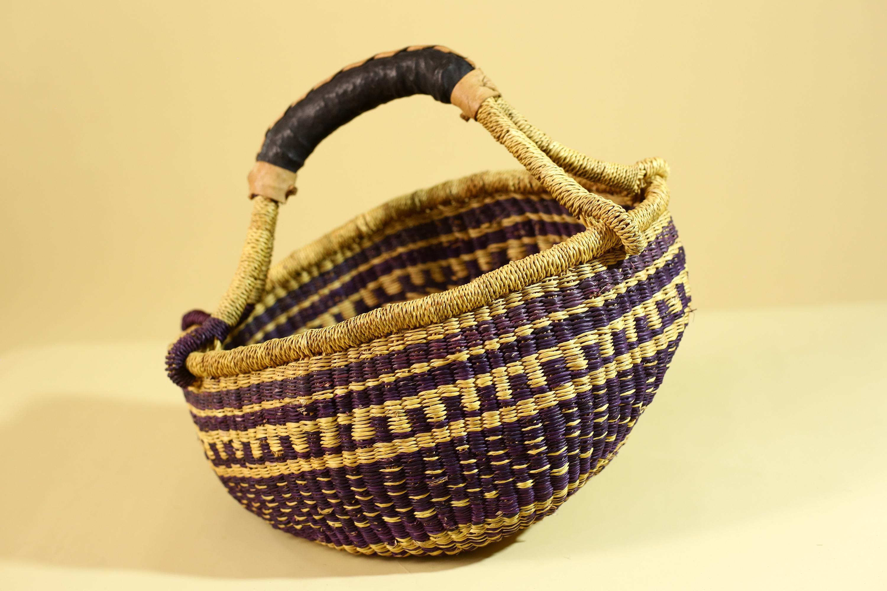 African Handwoven Market Basket Natural Fiber Artisan Woven Tote with Leather Handle-G6289
