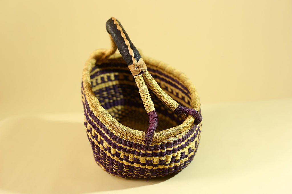 African Handwoven Market Basket Natural Fiber Artisan Woven Tote with Leather Handle-G6289