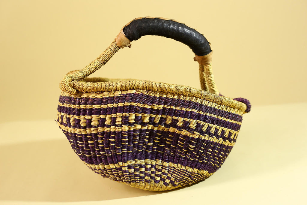 African Handwoven Market Basket Natural Fiber Artisan Woven Tote with Leather Handle-G6289
