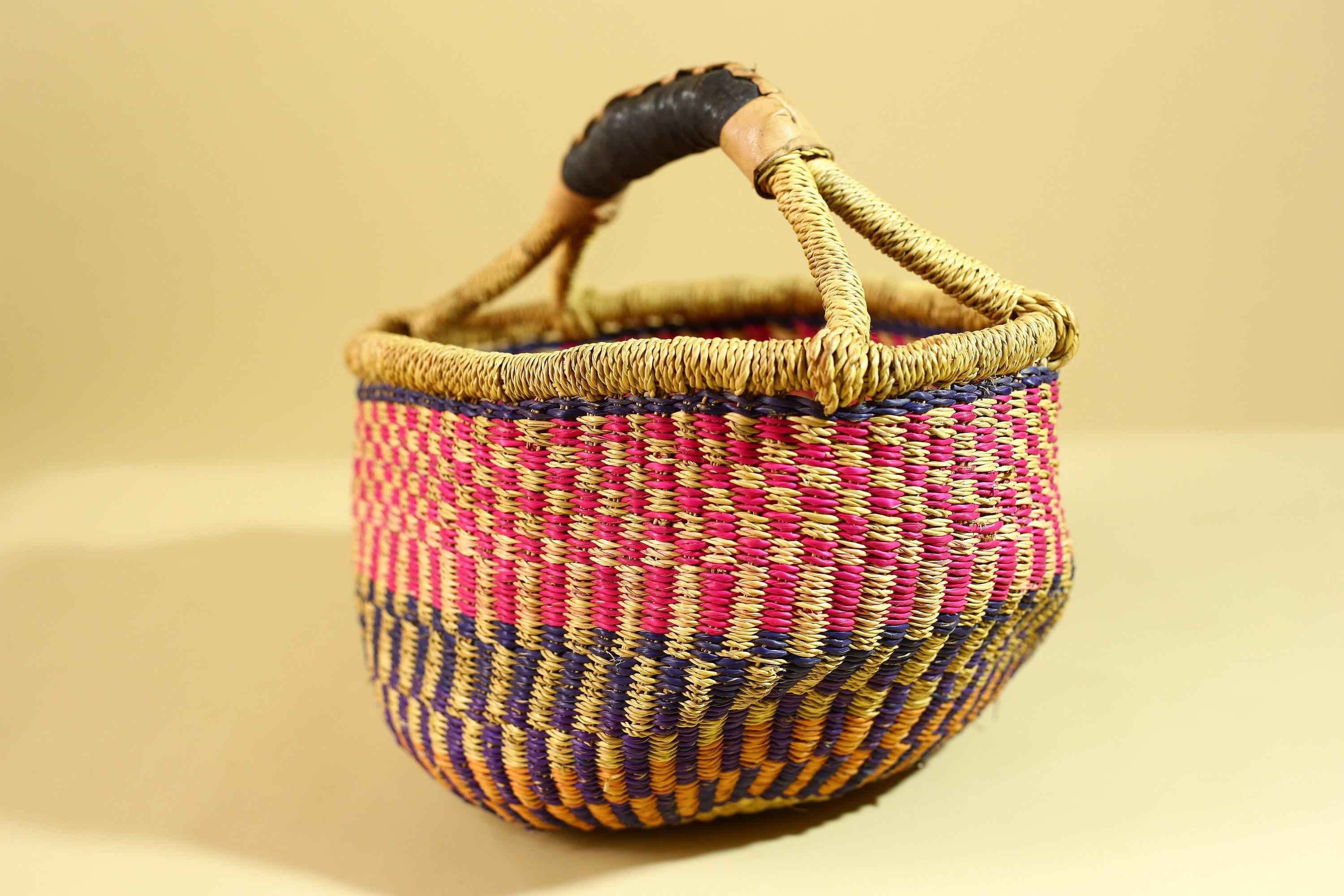 African Handwoven Market Basket Natural Fiber Artisan Woven with Leather Handle-G6290