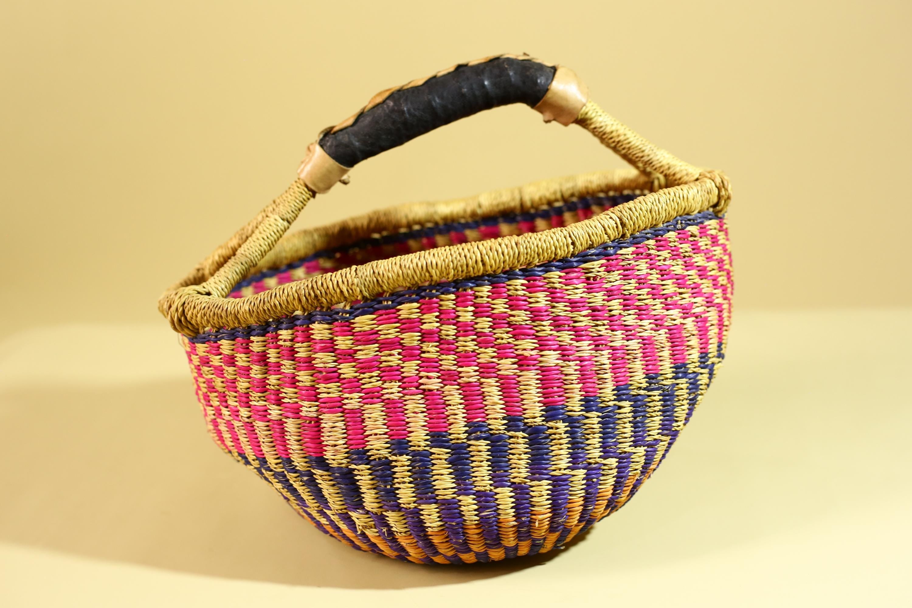 African Handwoven Market Basket Natural Fiber Artisan Woven with Leather Handle-G6290