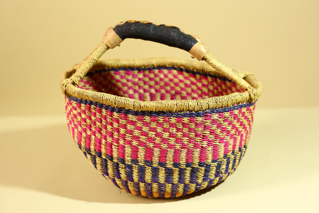 African Handwoven Market Basket Natural Fiber Artisan Woven with Leather Handle-G6290