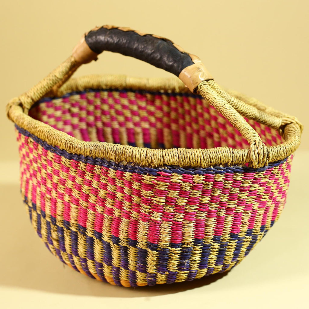 African Handwoven Market Basket Natural Fiber Artisan Woven with Leather Handle-G6290