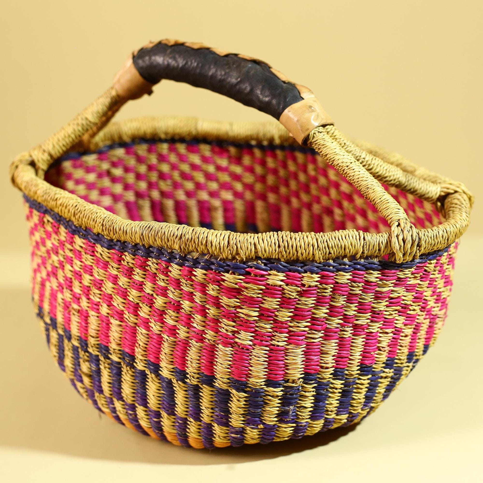 African Handwoven Market Basket Natural Fiber Artisan Woven with Leather Handle-G6290