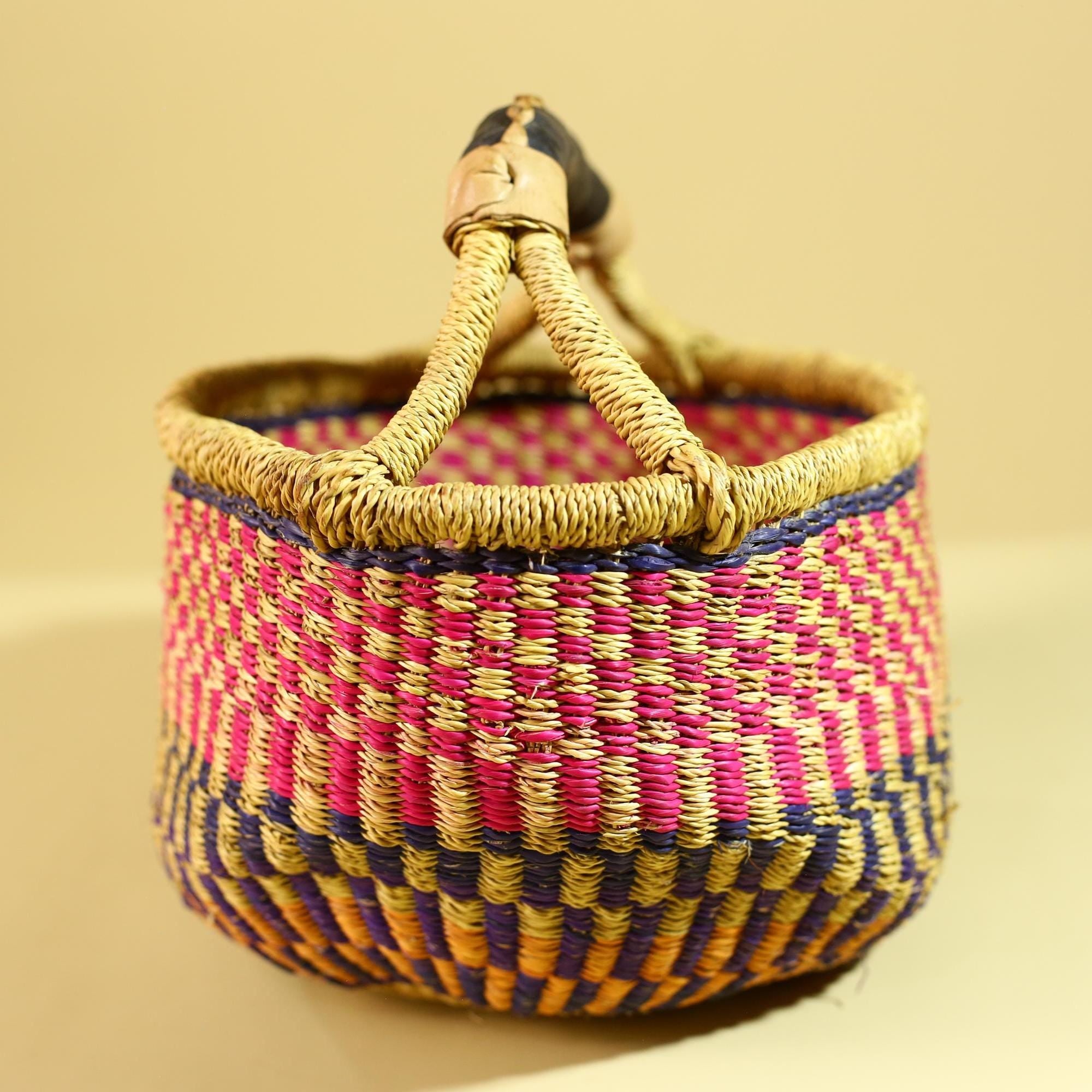 African Handwoven Market Basket Natural Fiber Artisan Woven with Leather Handle-G6290