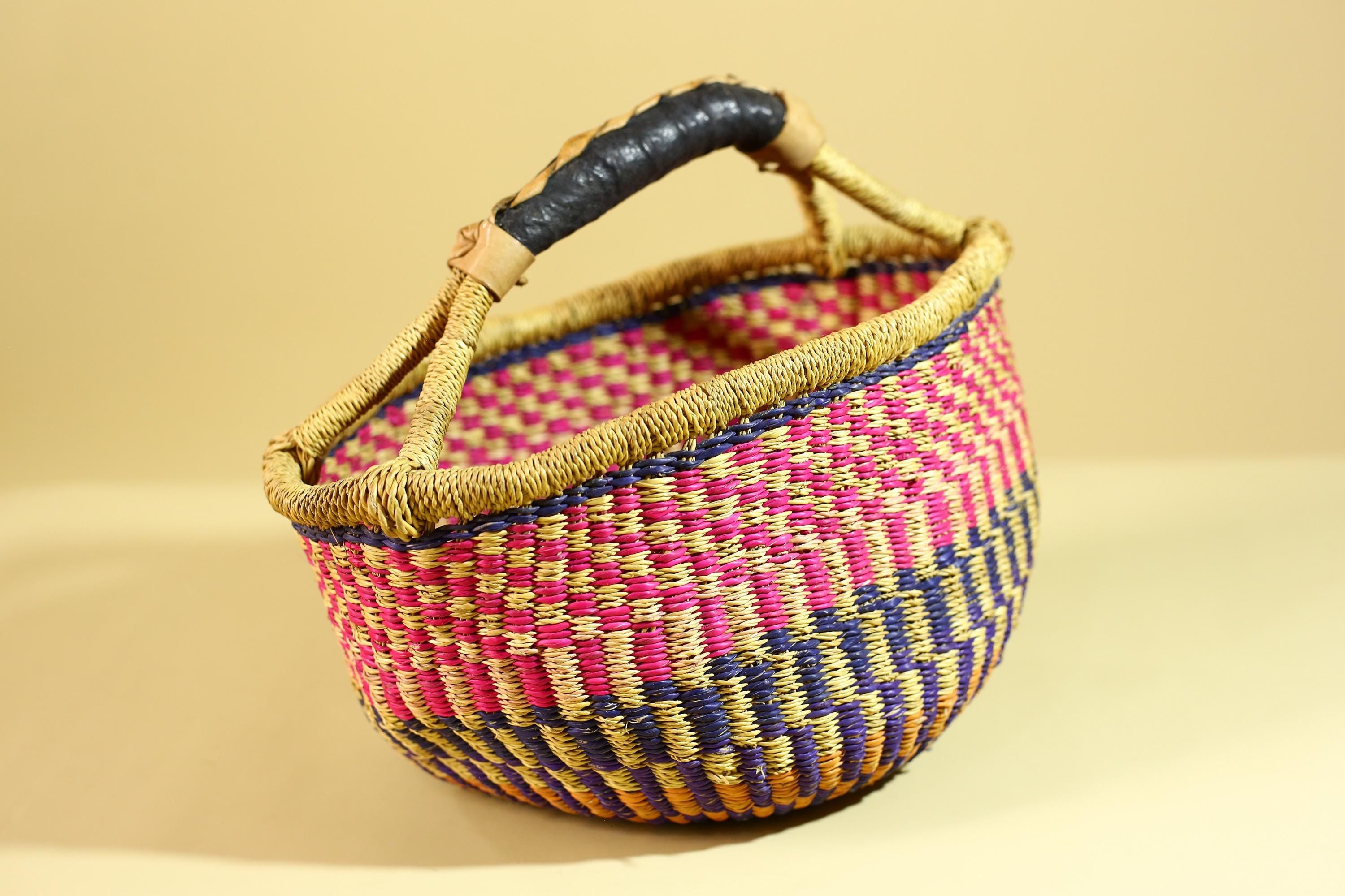 African Handwoven Market Basket Natural Fiber Artisan Woven with Leather Handle-G6290