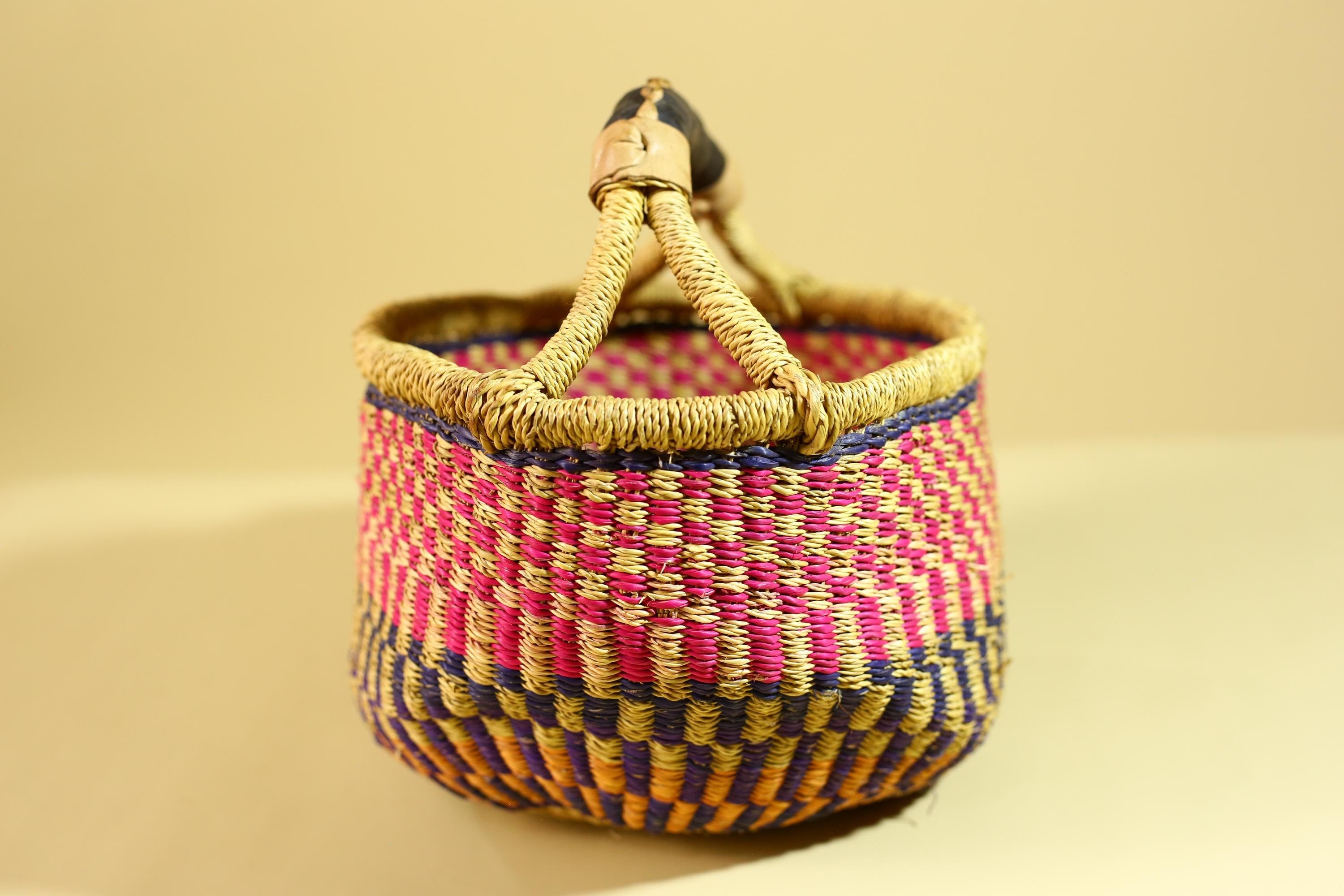 African Handwoven Market Basket Natural Fiber Artisan Woven with Leather Handle-G6290