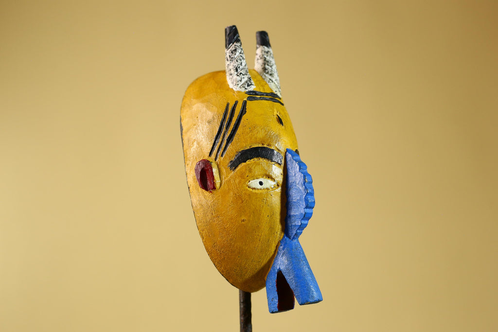 African Horned Mask Wooden Hand Carved Painted Tribal Art Decor Display-G6294
