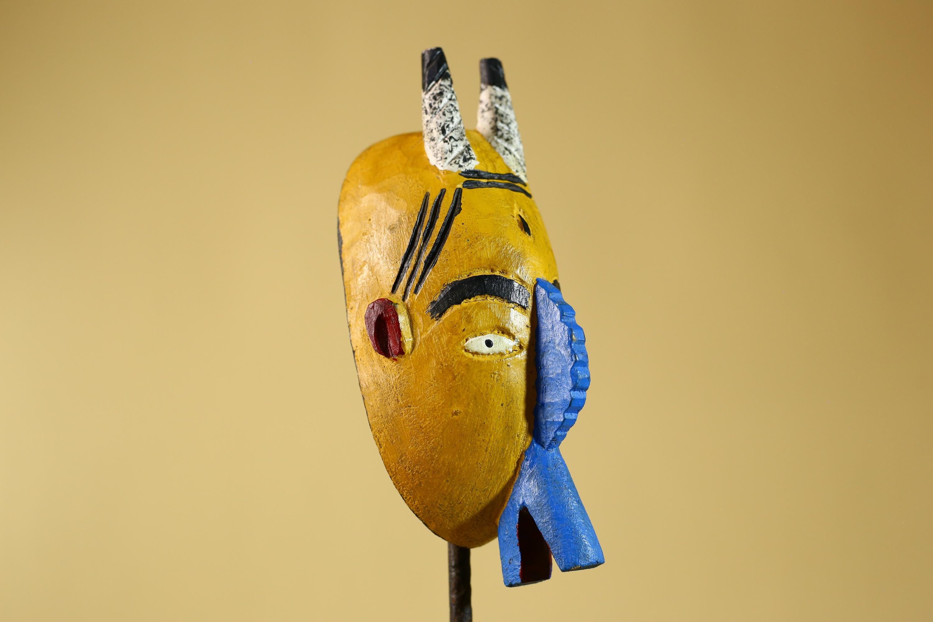 African Horned Mask Wooden Hand Carved Painted Tribal Art Decor Display-G6294