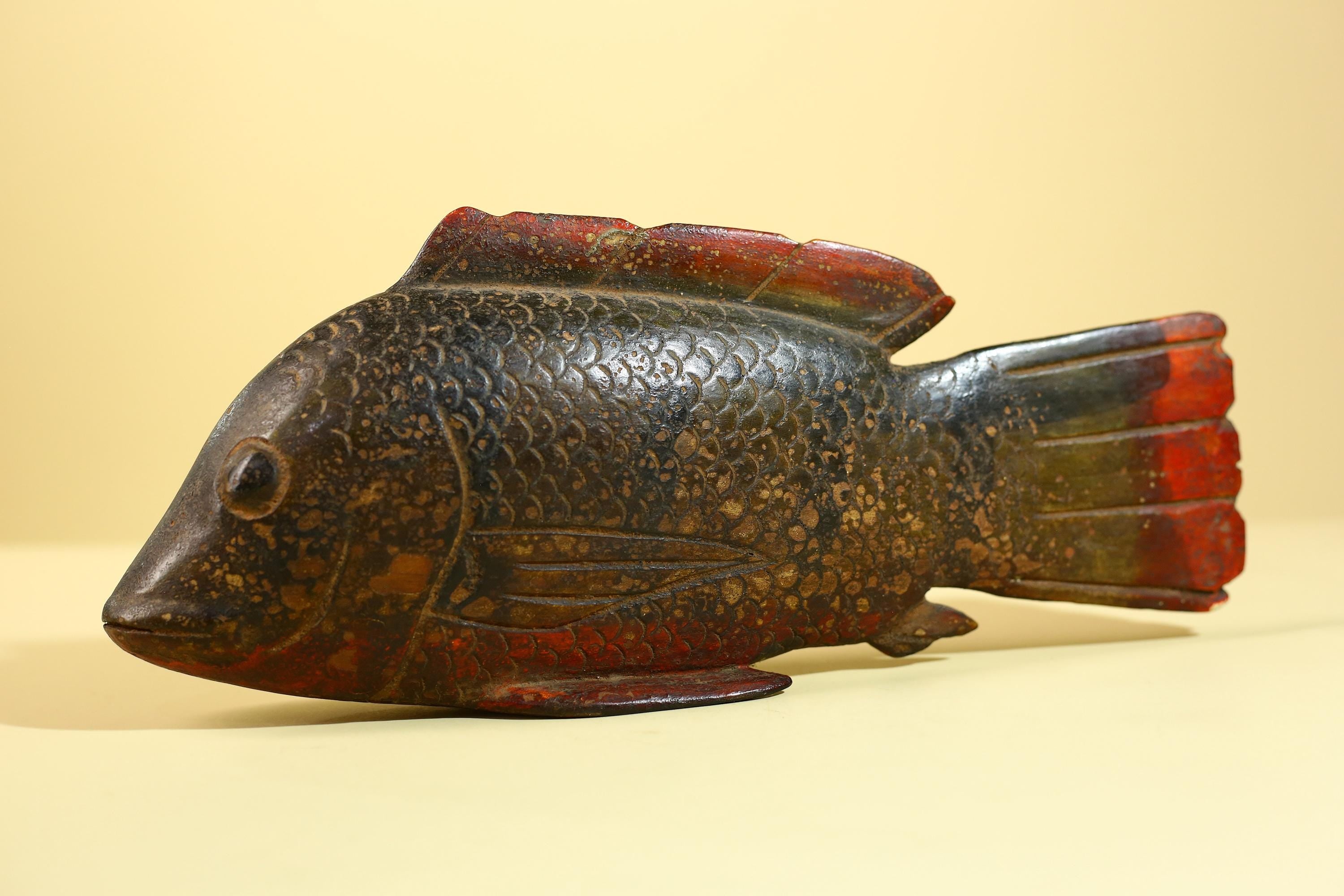 African Hand Carved Wooden Fish Sculpture, Vintage Tribal Art Decor-G6227