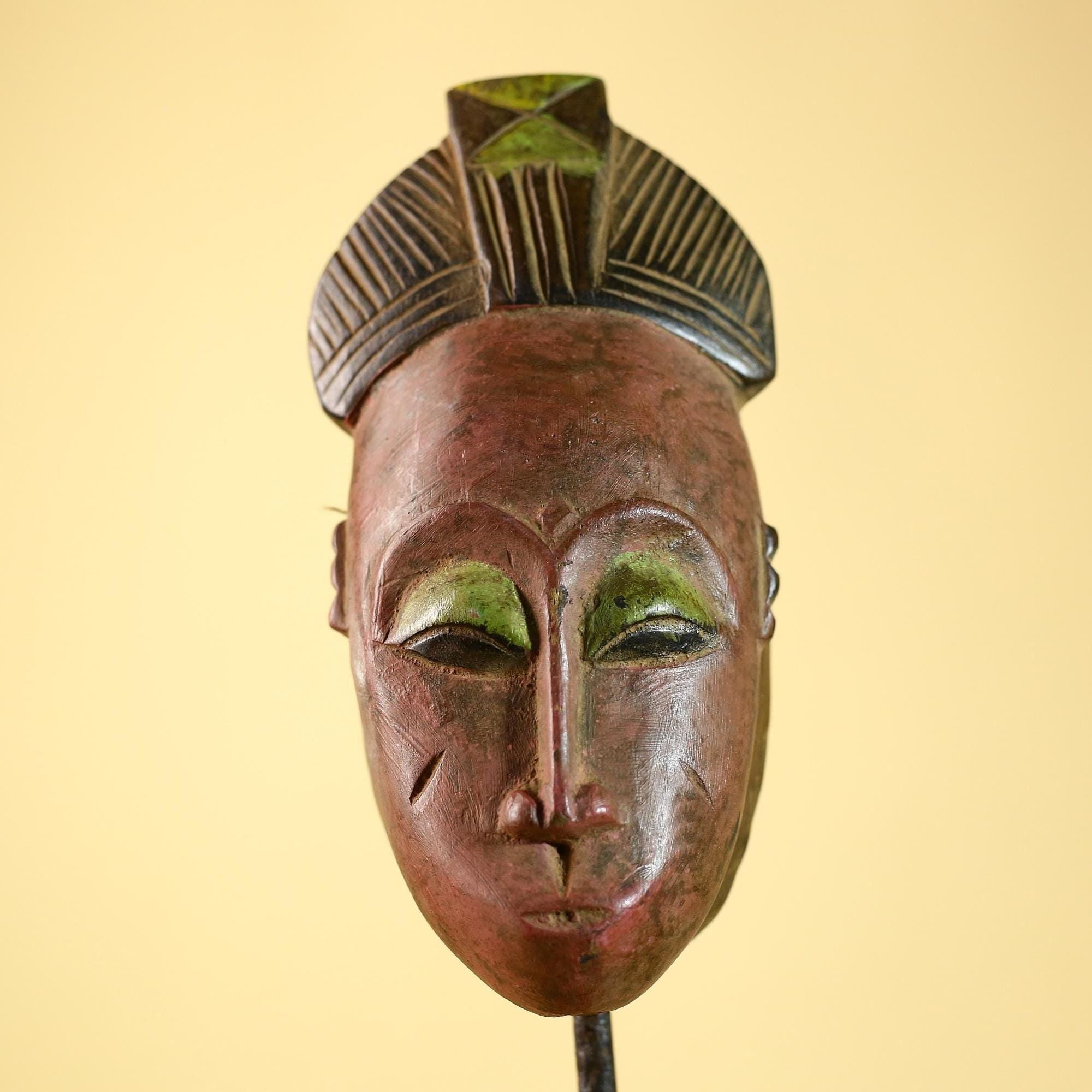 Baule African Mask- Hand Carved Wood Tribal Art Wall Decor Vintage-G6235
