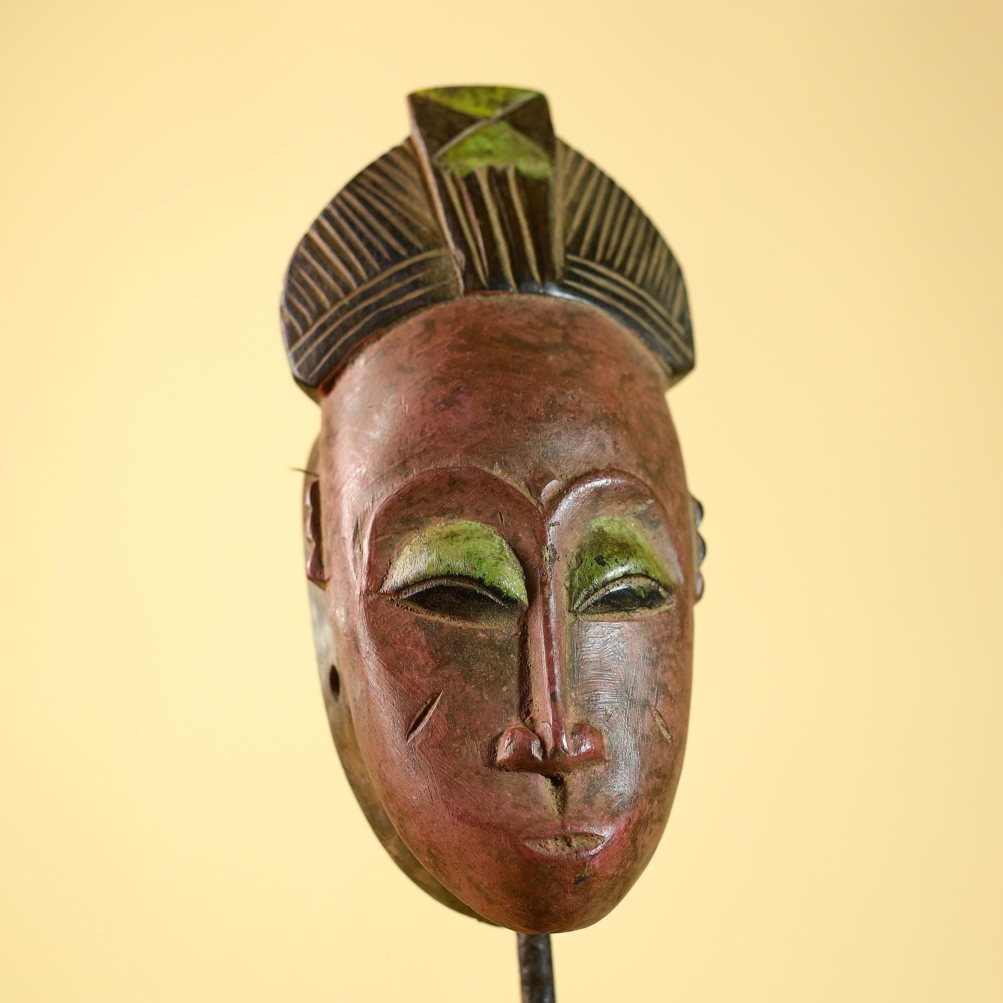 Baule African Mask- Hand Carved Wood Tribal Art Wall Decor Vintage-G6235