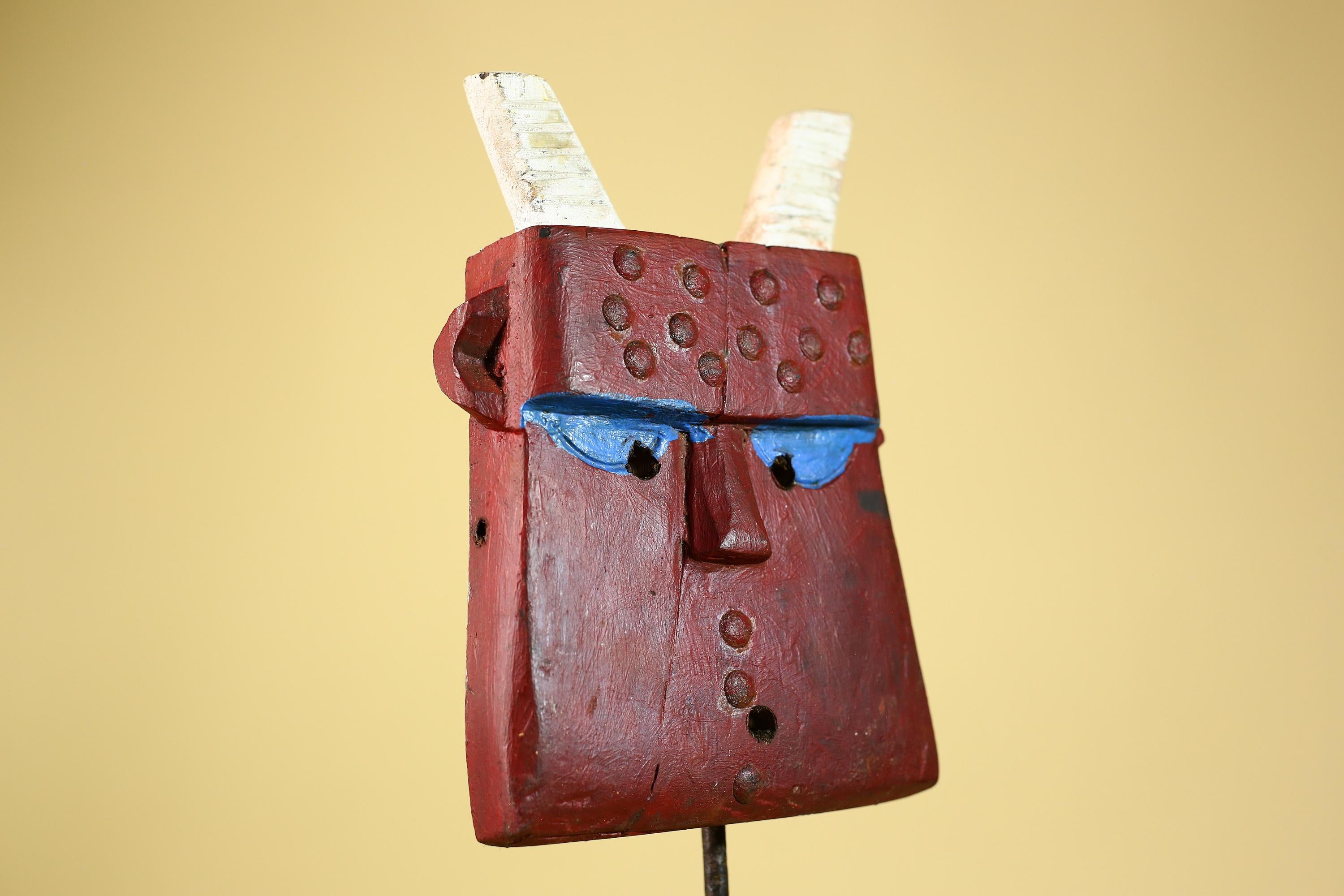 Bwa Style Horned Mask; Red Plank African Tribal Art, Handmade Wood-G6245