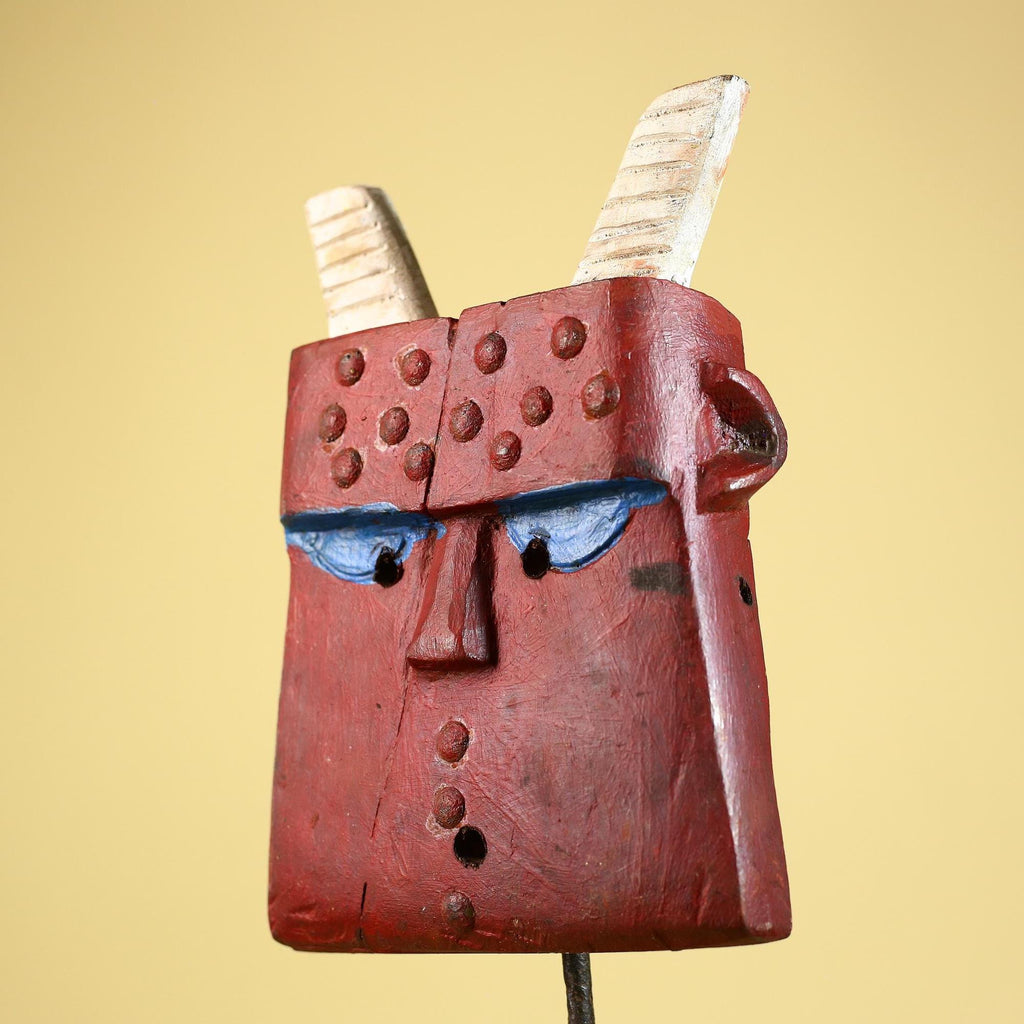Bwa Style Horned Mask; Red Plank African Tribal Art, Handmade Wood-G6245