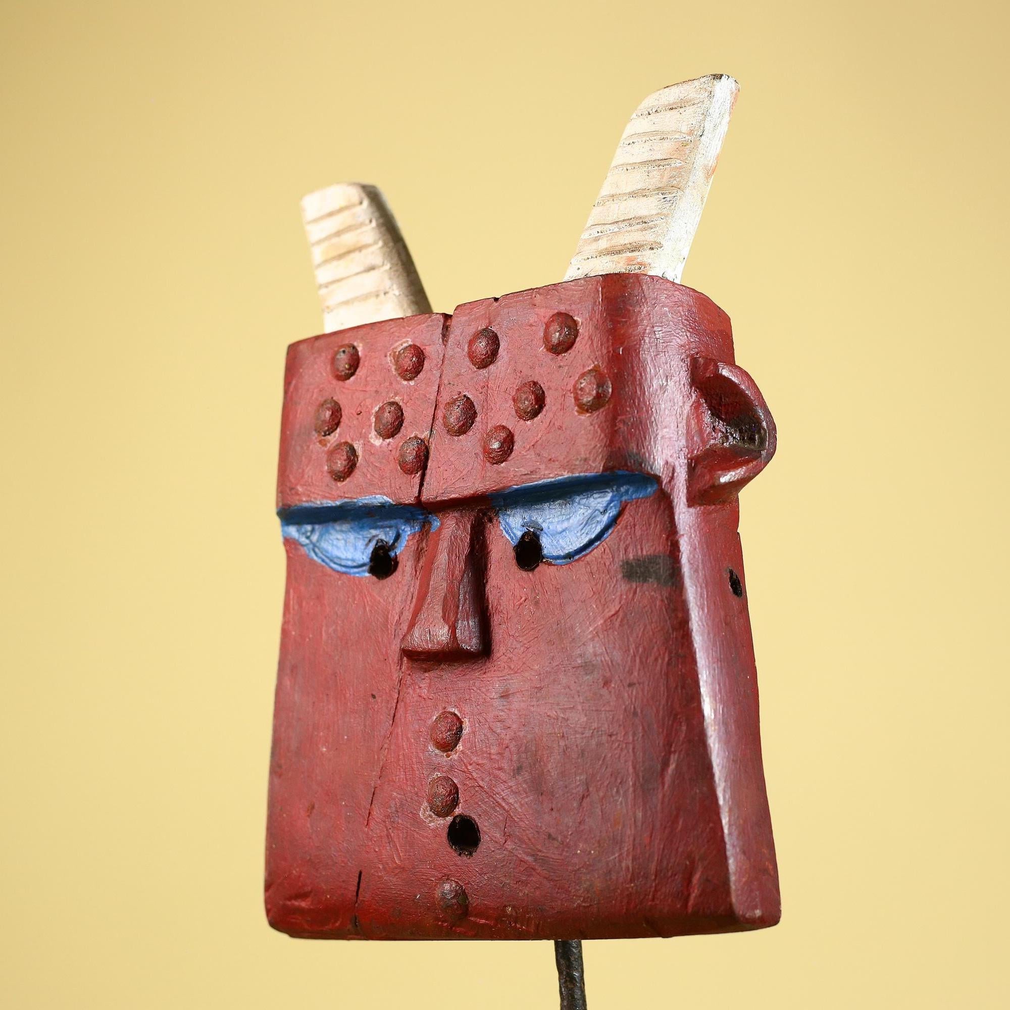 Bwa Style Horned Mask; Red Plank African Tribal Art, Handmade Wood-G6245