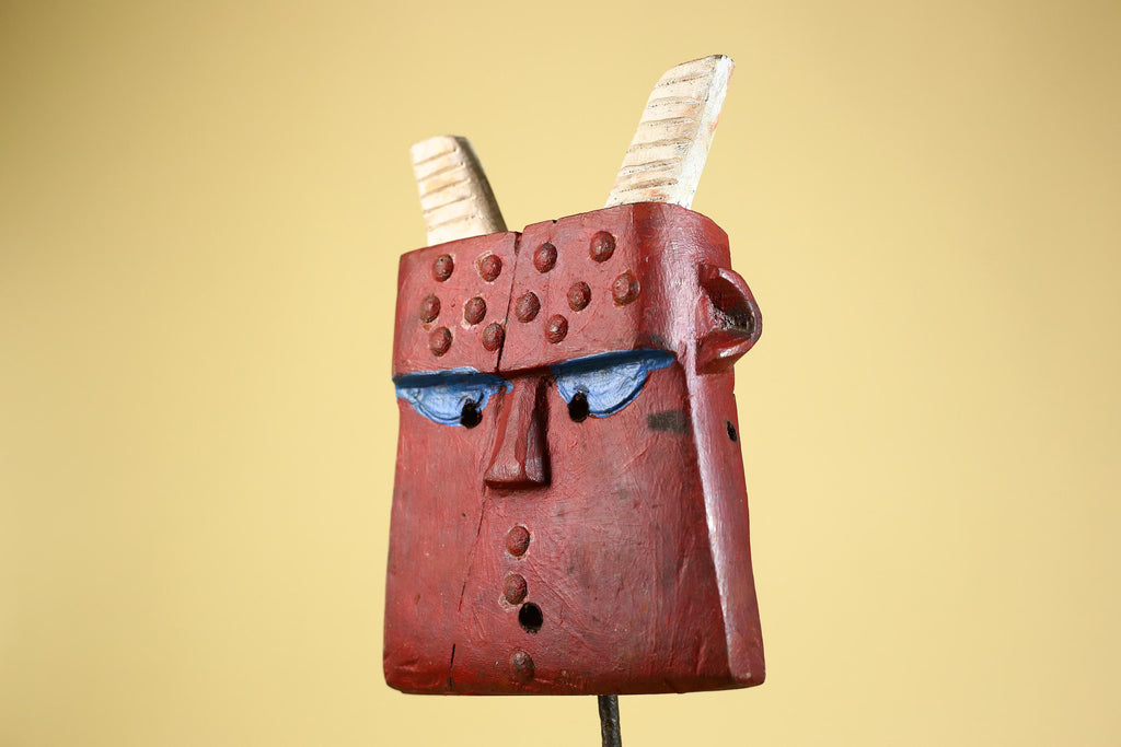 Bwa Style Horned Mask; Red Plank African Tribal Art, Handmade Wood-G6245