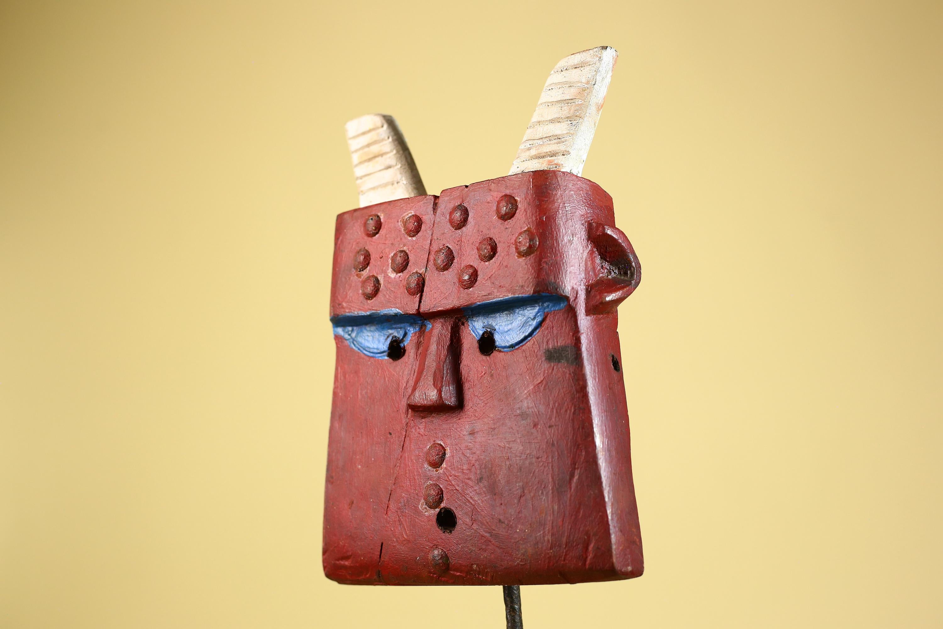 Bwa Style Horned Mask; Red Plank African Tribal Art, Handmade Wood-G6245