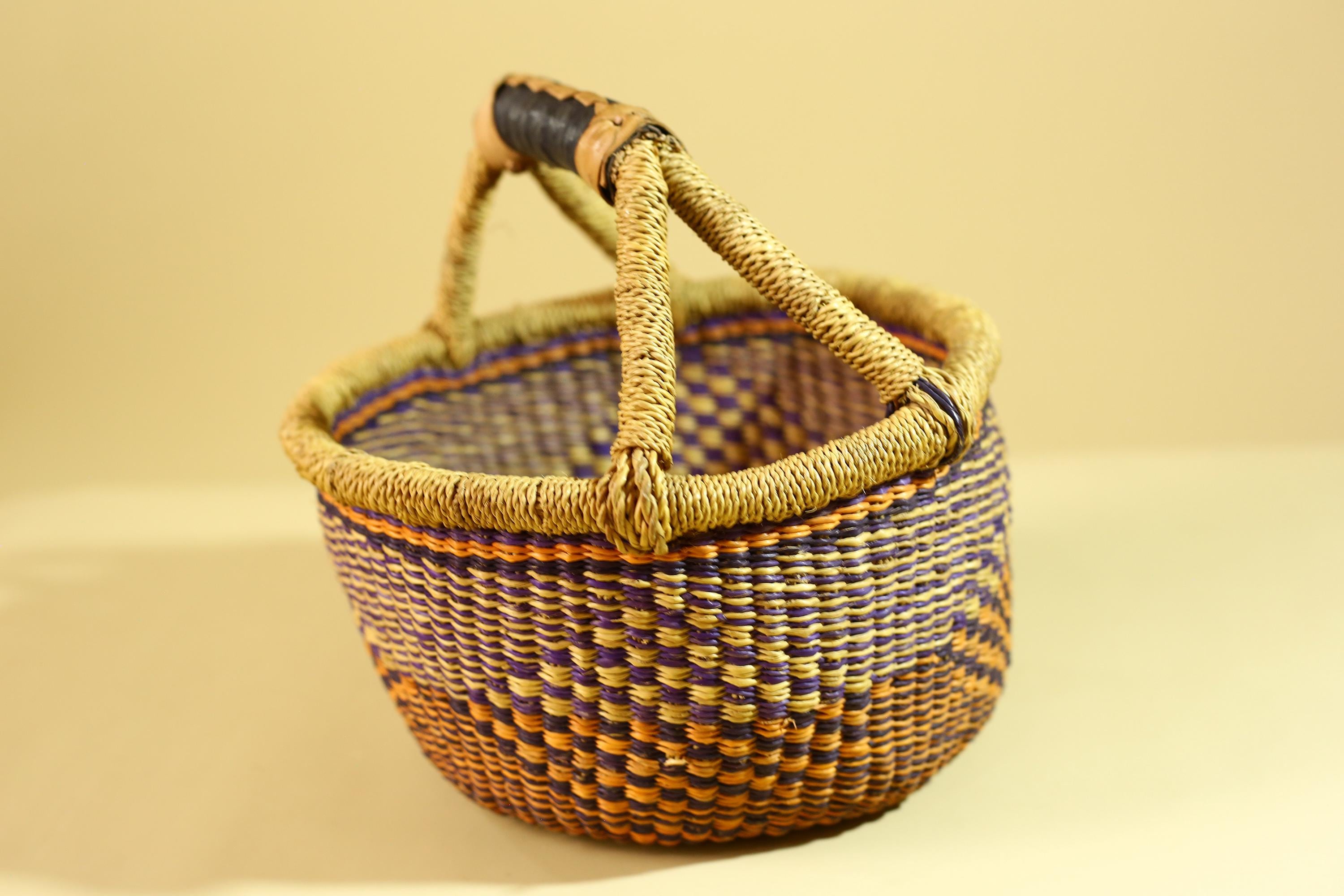 African Handwoven Basket With Handle Colorful Woven Storage Decor-G6299