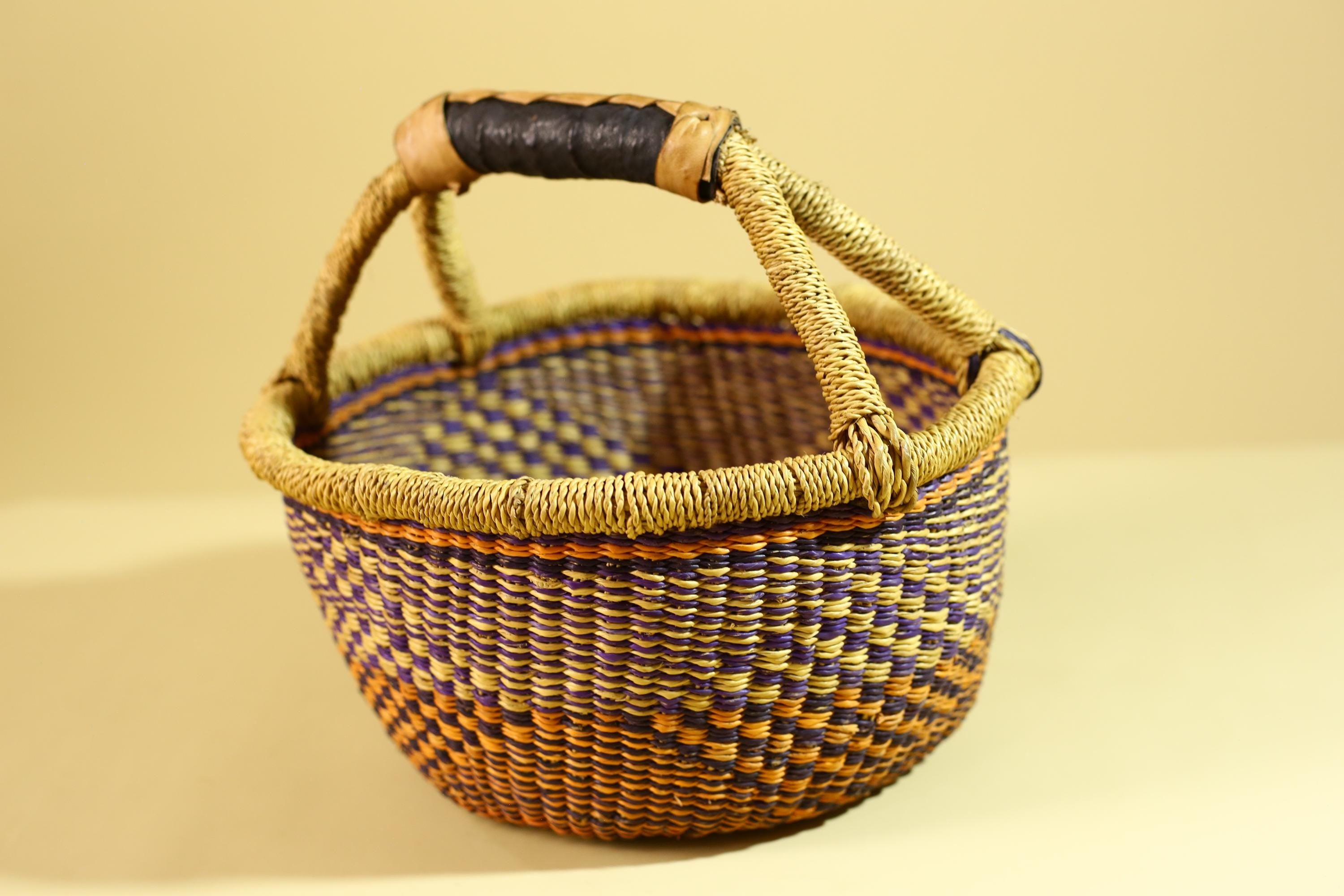 African Handwoven Basket With Handle Colorful Woven Storage Decor-G6299