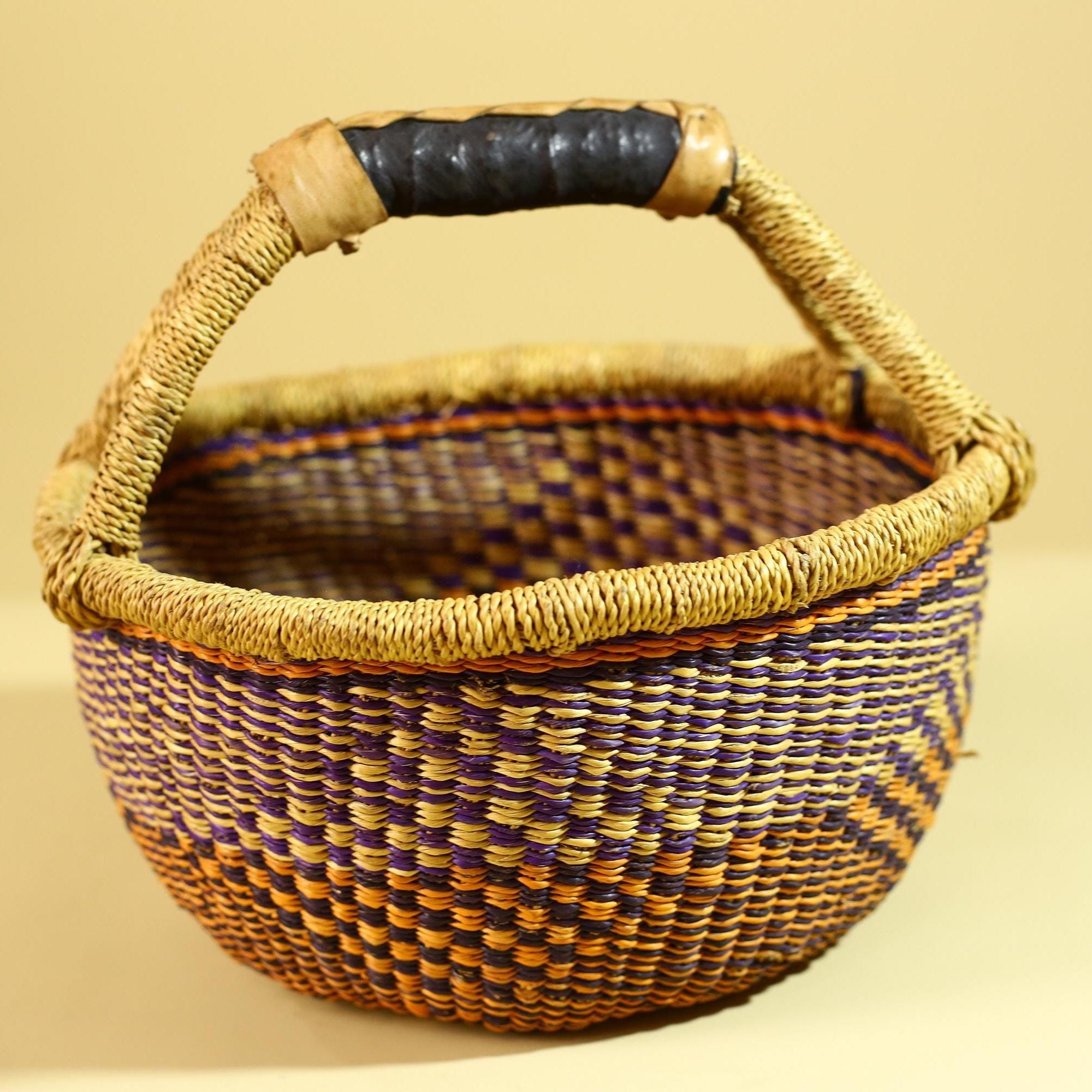 African Handwoven Basket With Handle Colorful Woven Storage Decor-G6299