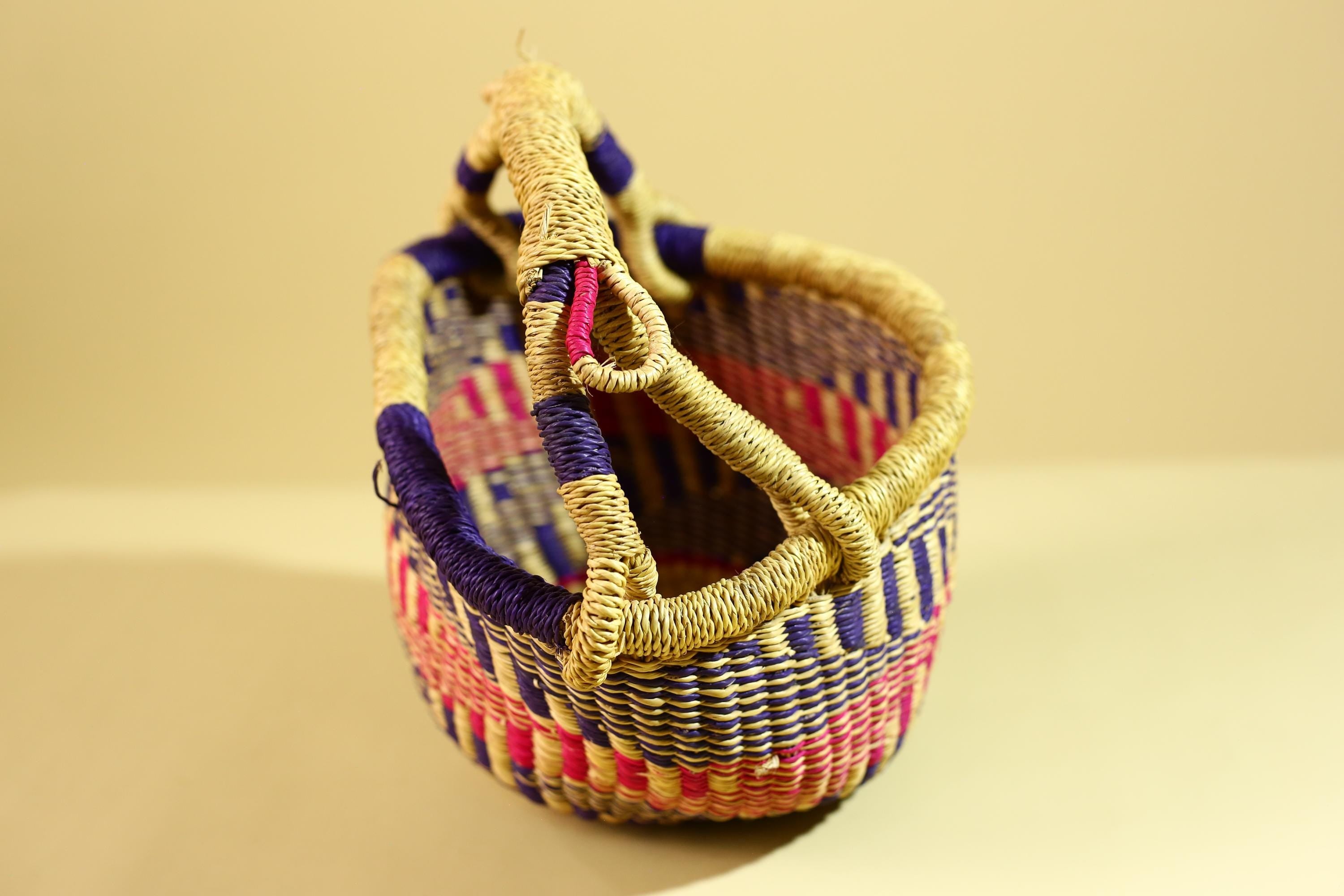 African Handwoven Basket With Double Handle Colorful Storage Decor-G6300