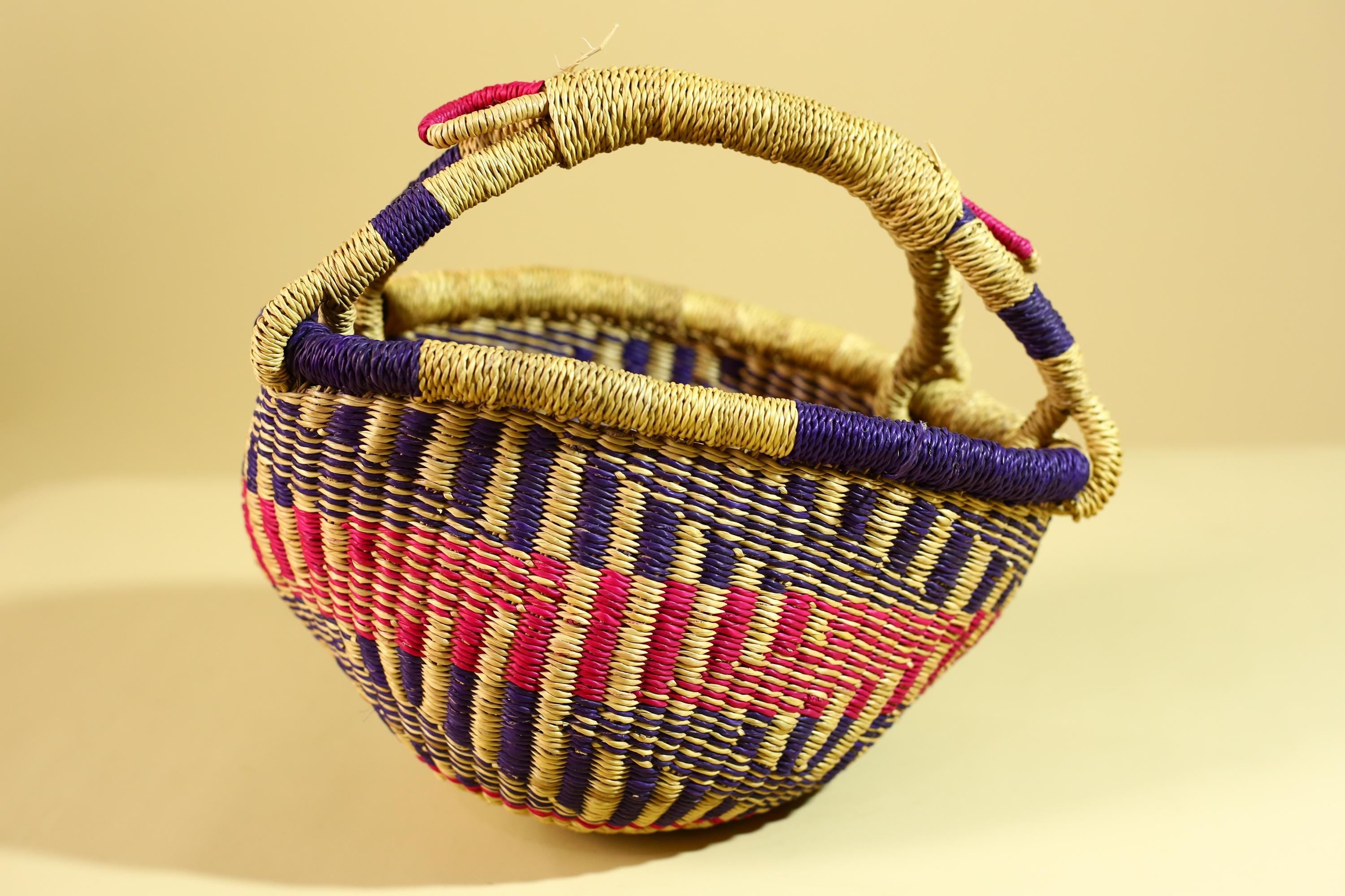 African Handwoven Basket With Double Handle Colorful Storage Decor-G6300