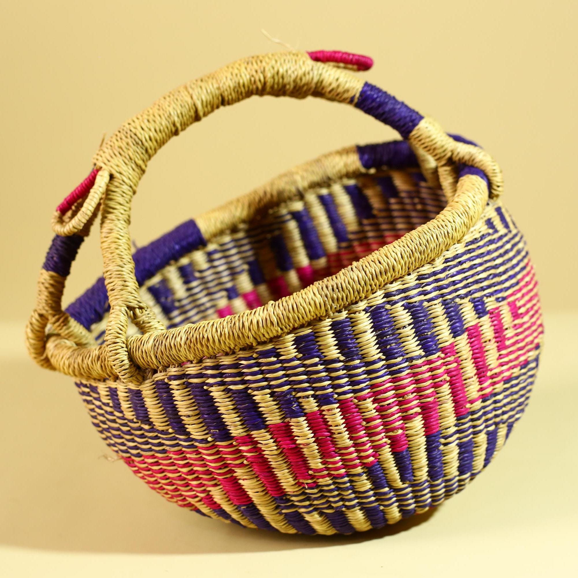 African Handwoven Basket With Double Handle Colorful Storage Decor-G6300