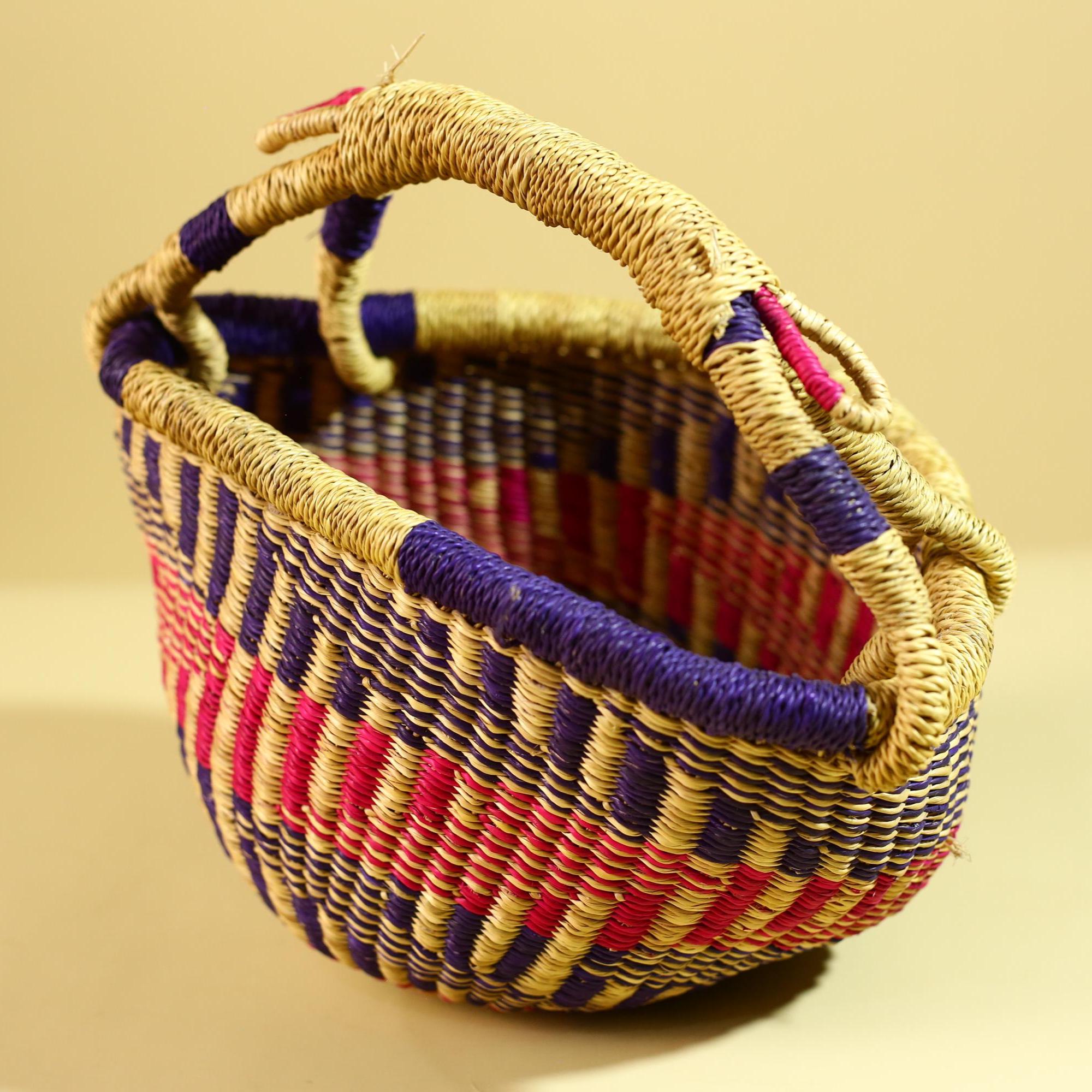 African Handwoven Basket With Double Handle Colorful Storage Decor-G6300
