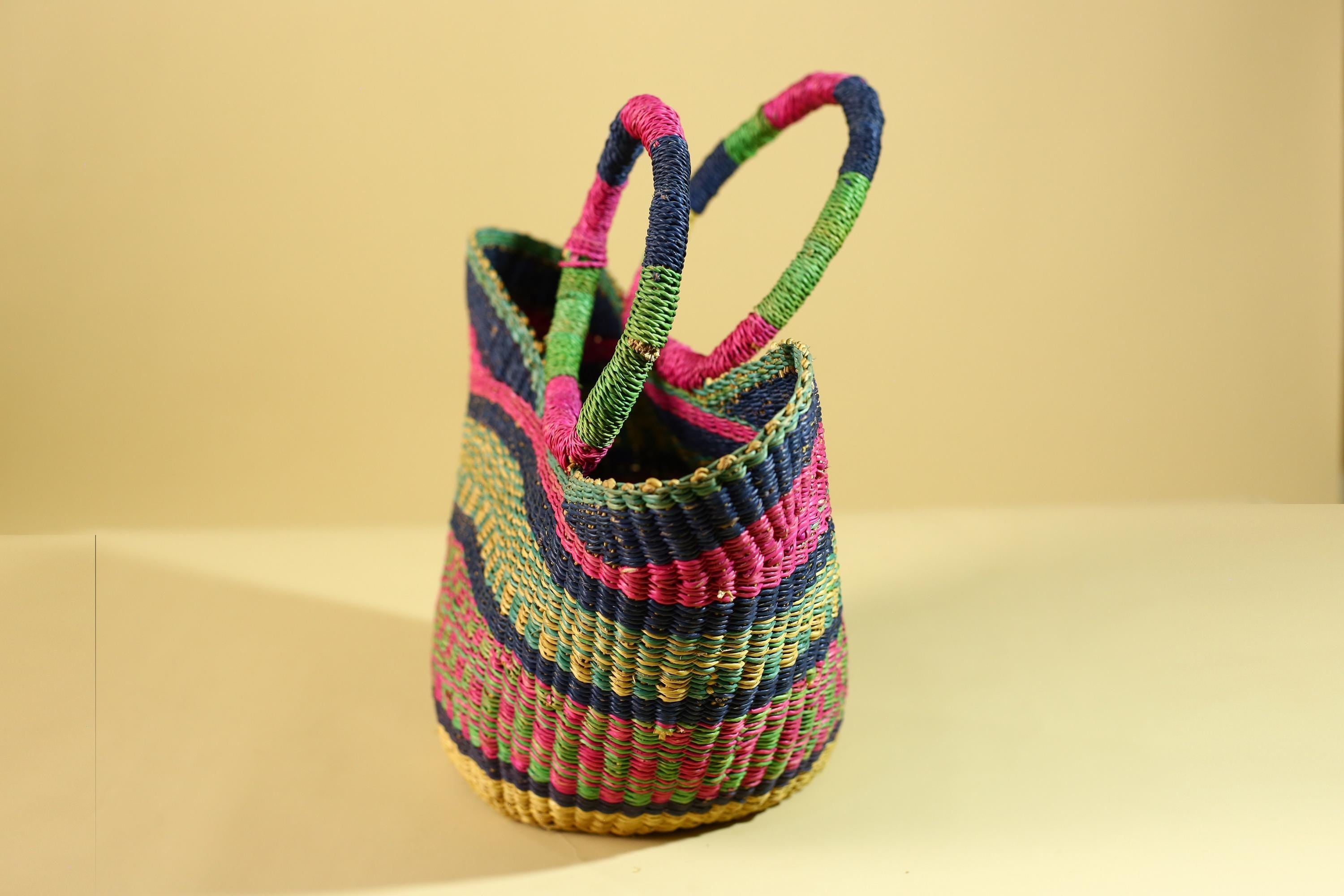 African Handwoven Basket With Loop Handles Colorful Storage Decor-G6301
