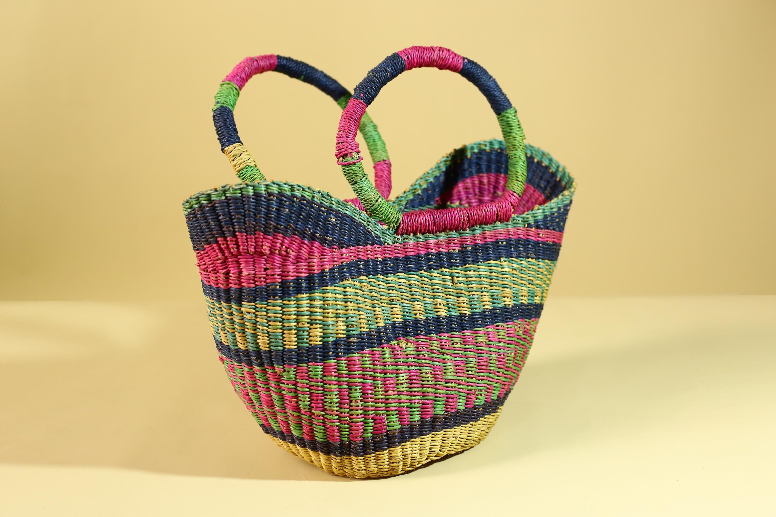 African Handwoven Basket With Loop Handles Colorful Storage Decor-G6301