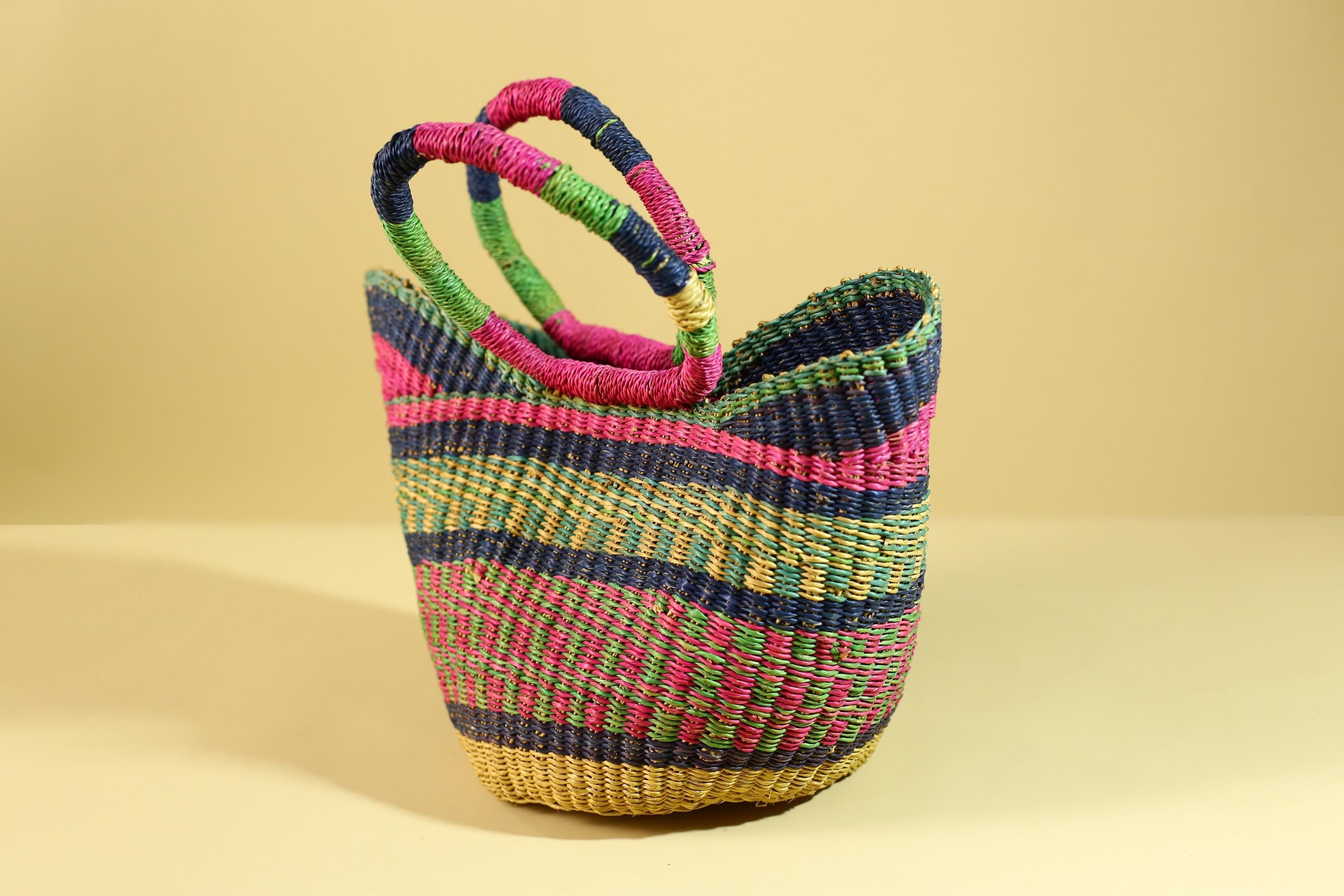 African Handwoven Basket With Loop Handles Colorful Storage Decor-G6301