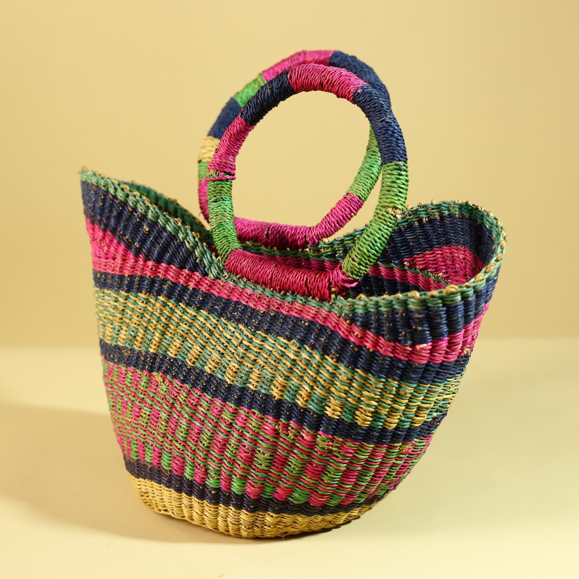 African Handwoven Basket With Loop Handles Colorful Storage Decor-G6301