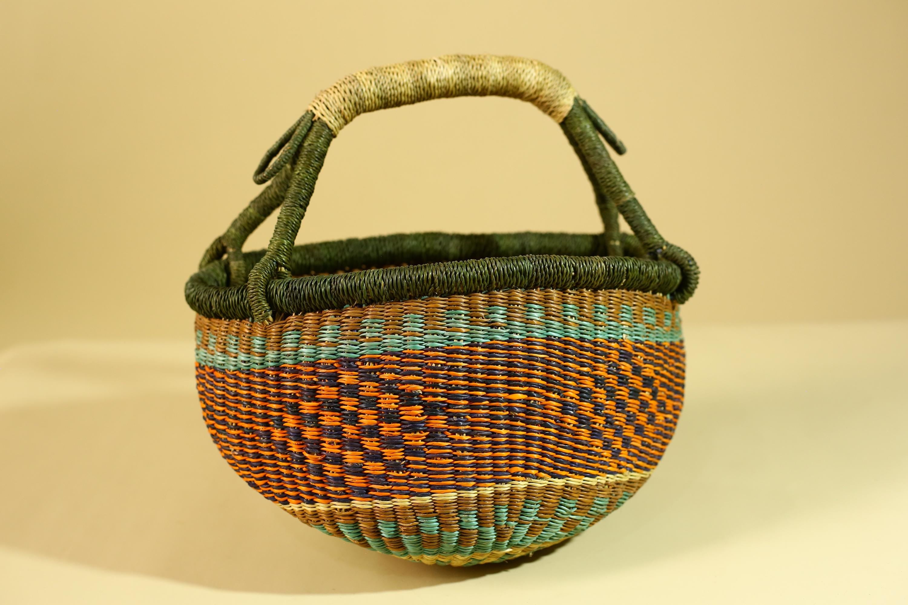 African Handwoven Basket With Handle Colorful Natural Fiber Decor-G6302