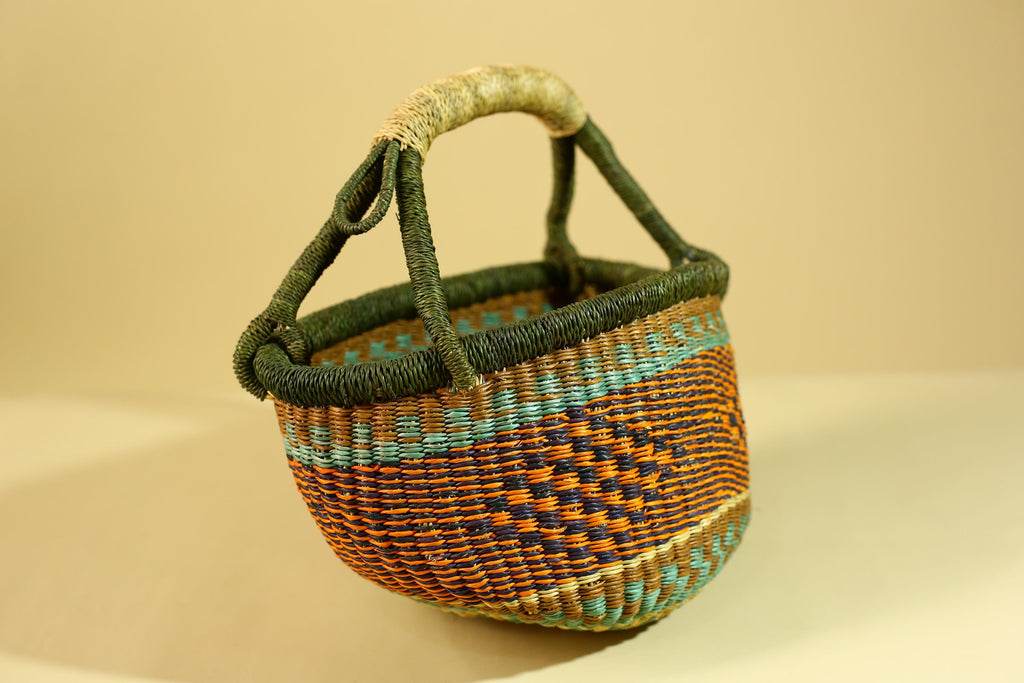 African Handwoven Basket With Handle Colorful Natural Fiber Decor-G6302