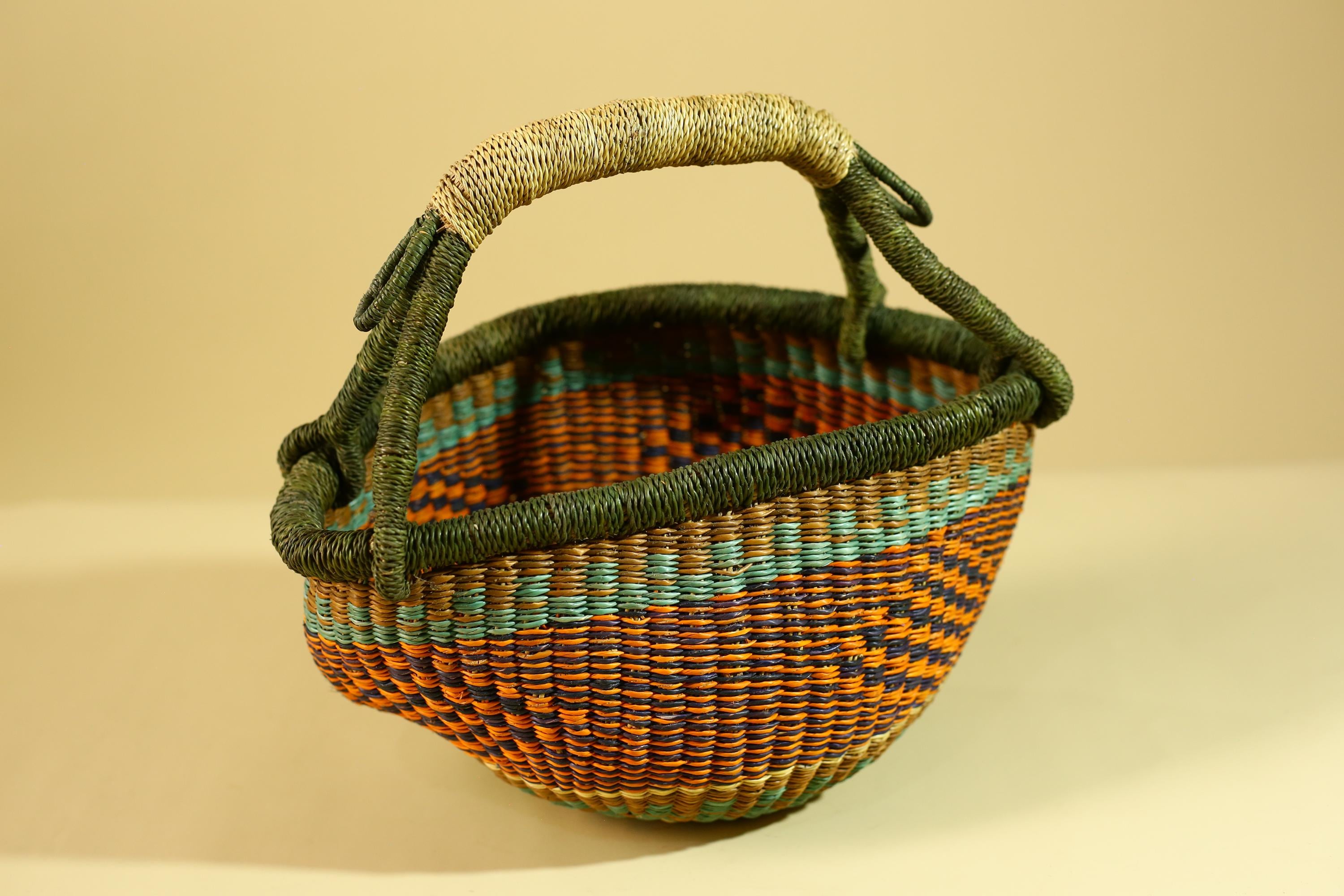 African Handwoven Basket With Handle Colorful Natural Fiber Decor-G6302