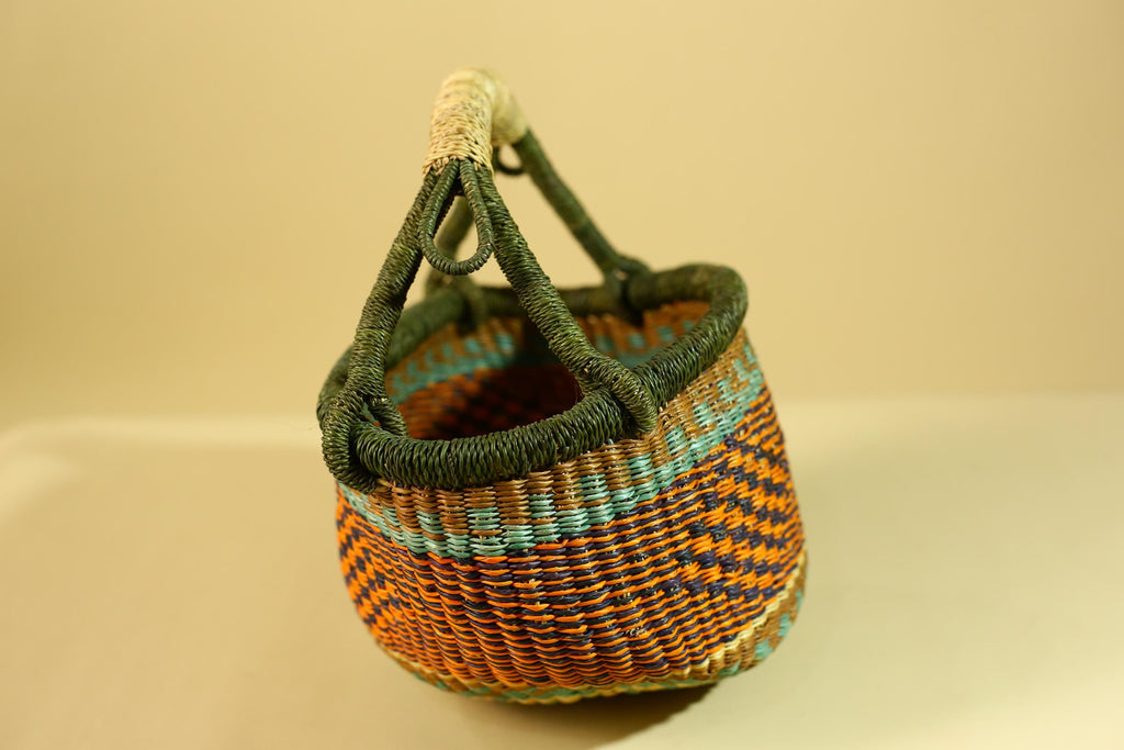 African Handwoven Basket With Handle Colorful Natural Fiber Decor-G6302