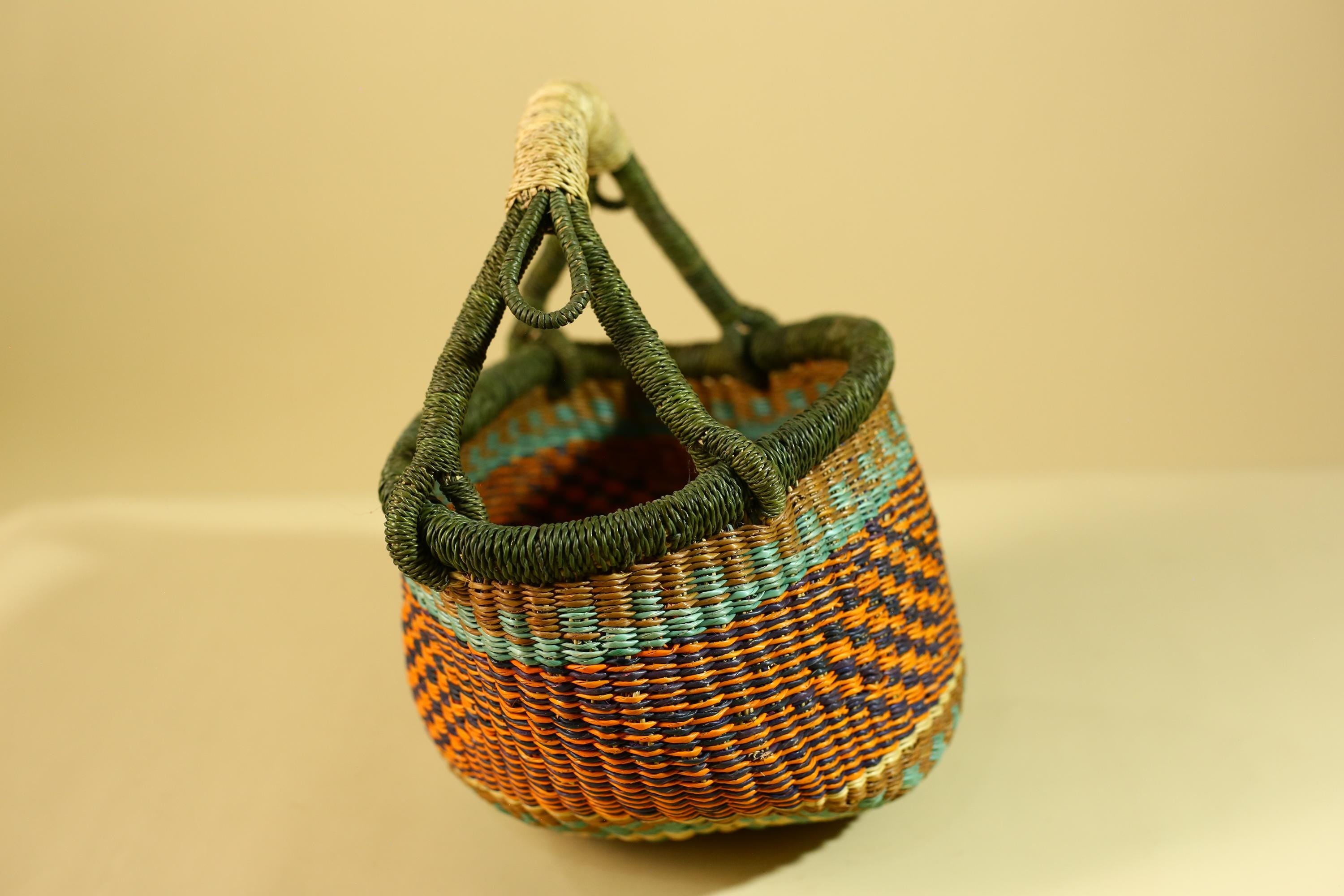 African Handwoven Basket With Handle Colorful Natural Fiber Decor-G6302
