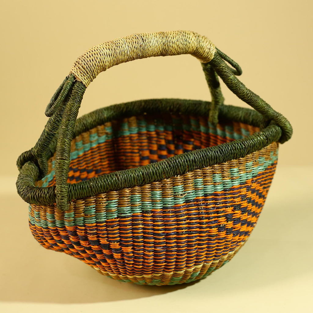 African Handwoven Basket With Handle Colorful Natural Fiber Decor-G6302