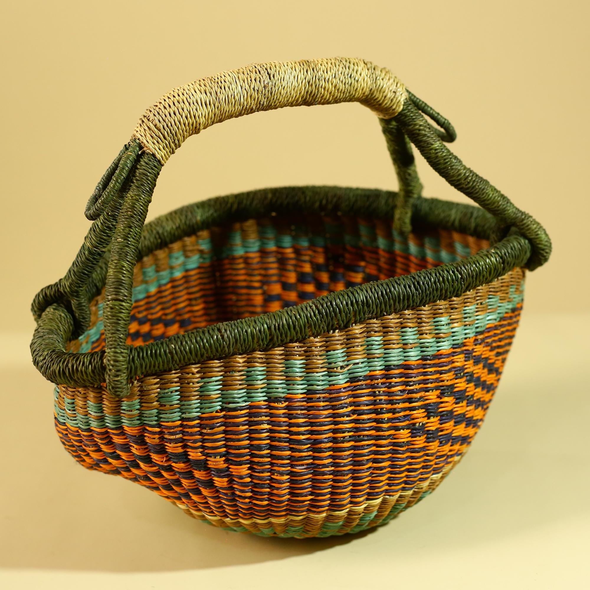 African Handwoven Basket With Handle Colorful Natural Fiber Decor-G6302