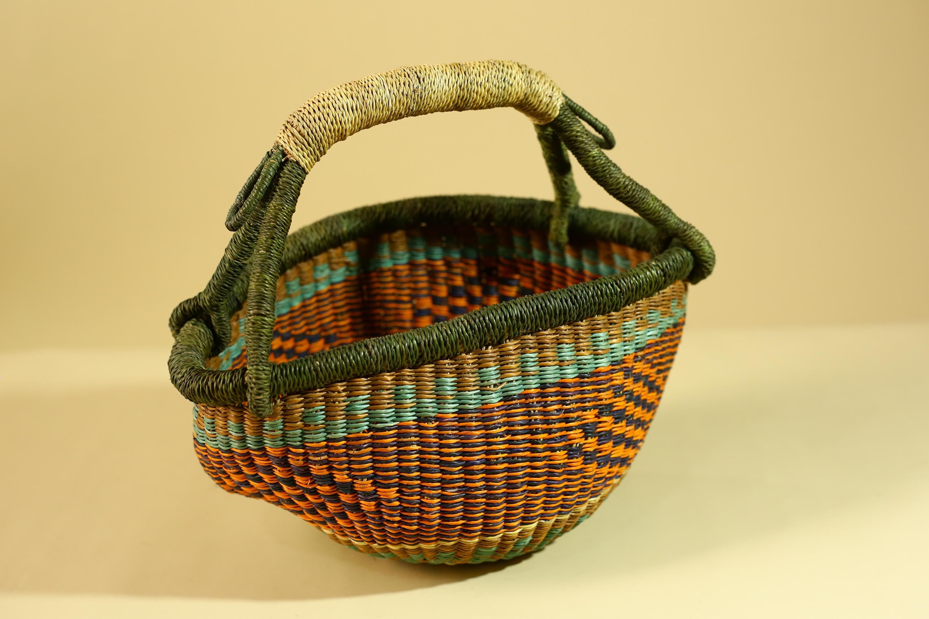 African Handwoven Basket With Handle Colorful Natural Fiber Decor-G6302