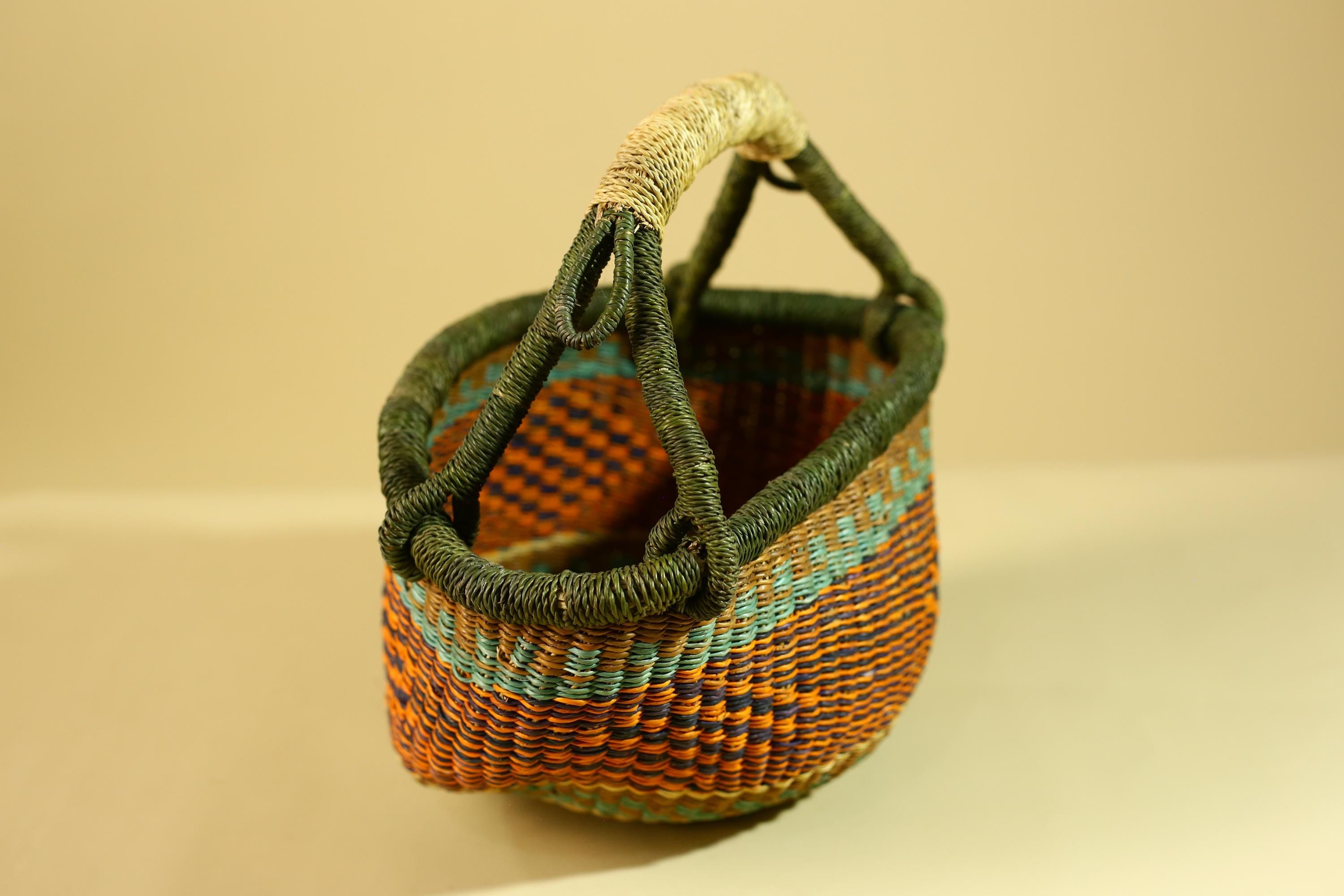 African Handwoven Basket With Handle Colorful Natural Fiber Decor-G6302