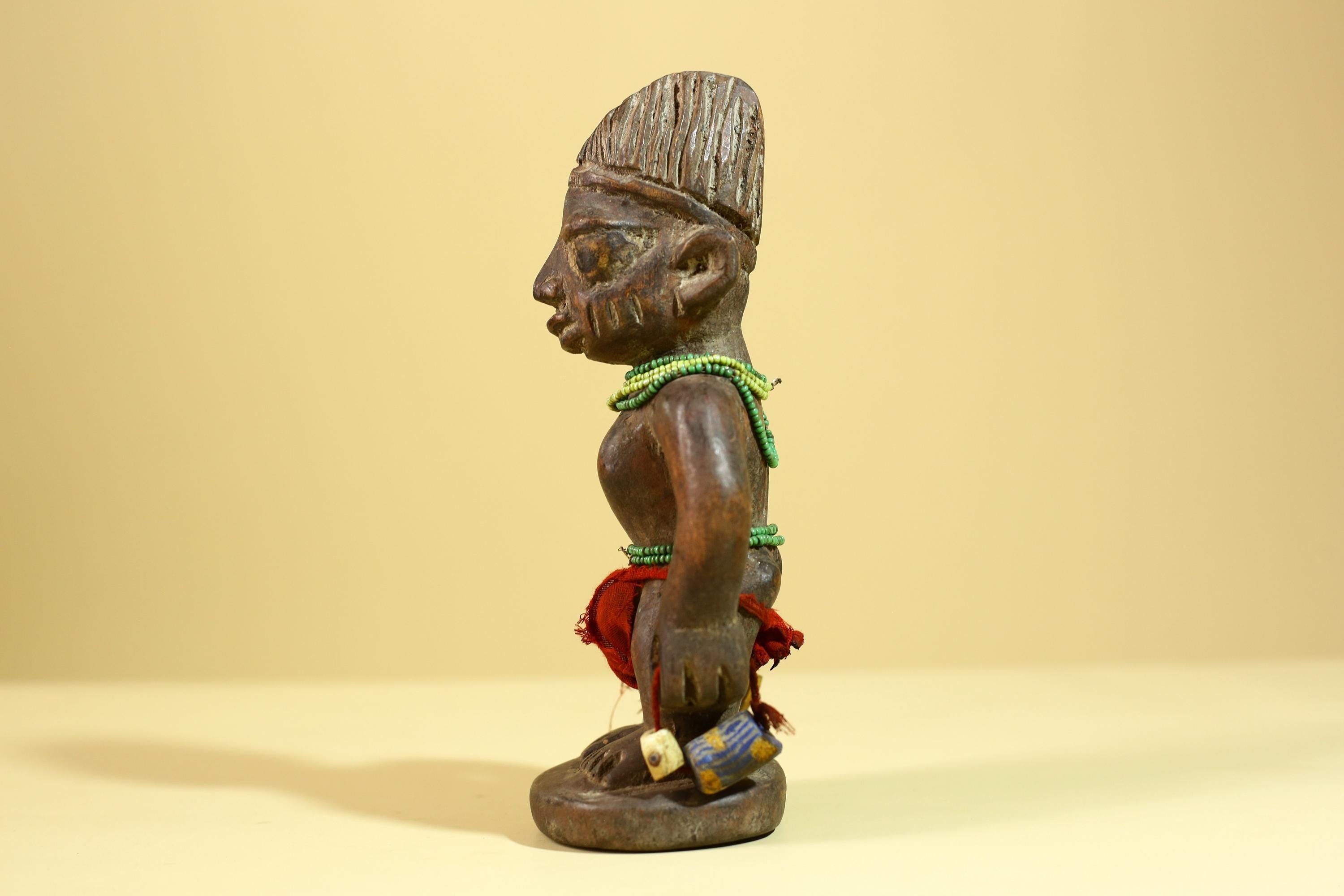 African Wooden Ibeji Figure with Beads Tribal Handmade Ritual Sculpture-G6246