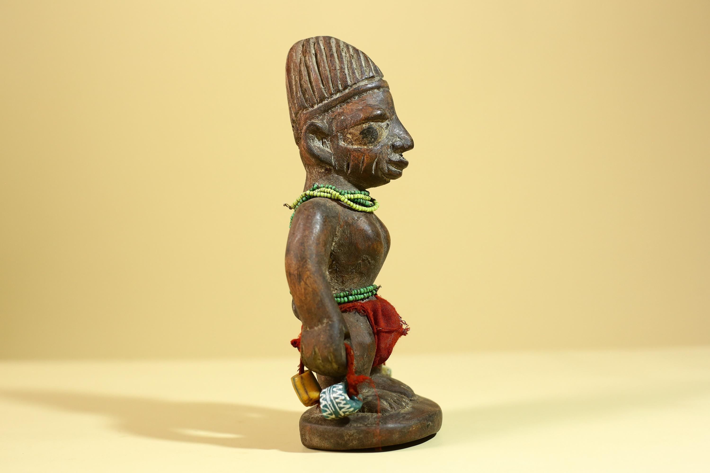 African Wooden Ibeji Figure with Beads Tribal Handmade Ritual Sculpture-G6246